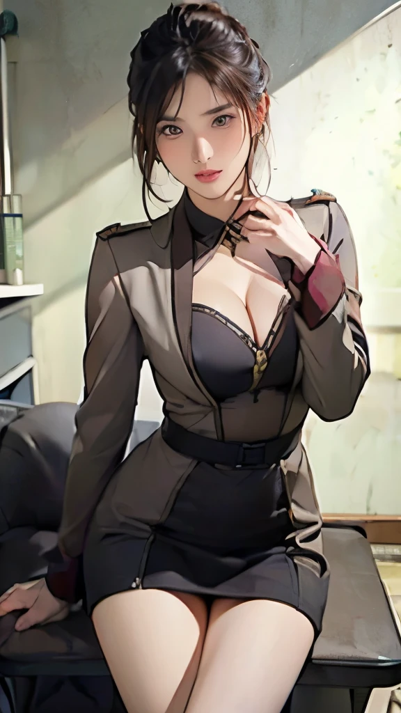 1 girl、Earth Federation Forces operator girl soldier、Open the front of your uniform a little and relax.、sit on the seat、Long black hair tied back、Idol class cuteness、Looks baby-faced and young、15 years old、Put the operator headset on your head、accurately drawn face、Slender but big breasts、cleavage、healthy thighs、Holding a pen in your right hand、Miniskirt type Earth Federation Forces uniform、knee high、Precisely designed headset、Inside the bridge of a battleship、anatomically correct、precise fingers、exact limbasterpiece、Photorealise