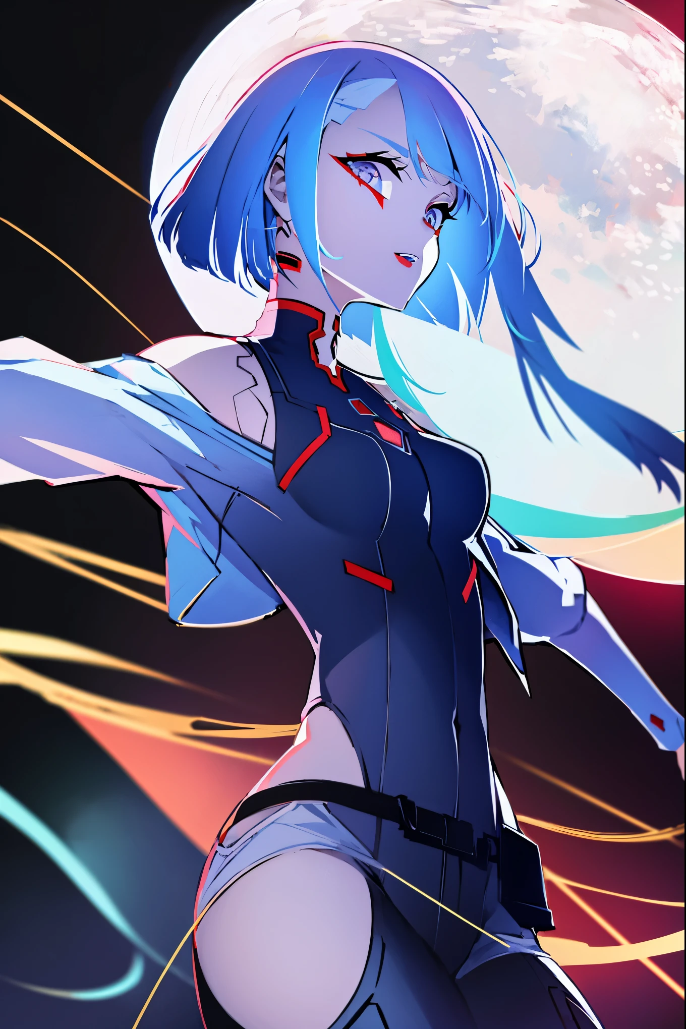 cyberpunk edgerunners, 1girl, lucy \(cyberpunk\), bare shoulders, blue eyes, breasts, leotard, looking at viewer, medium breasts, off-shoulder jacket, off shoulder, red eyeliner, short hair, sleeveless turtleneck leotard, solo, turtleneck leotard, white hair, ((masterpiece))