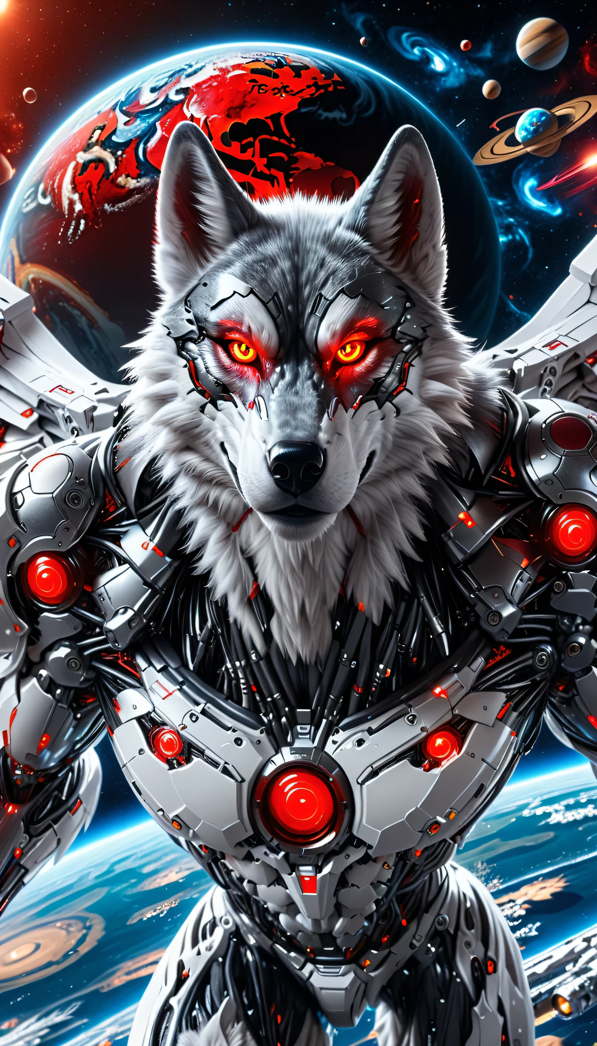 a cyborg wolf digital muscular flying over outer space red eyes the planet earth there in the background and the planet Saturn too. white cyborg wings serious expression HDR 8K