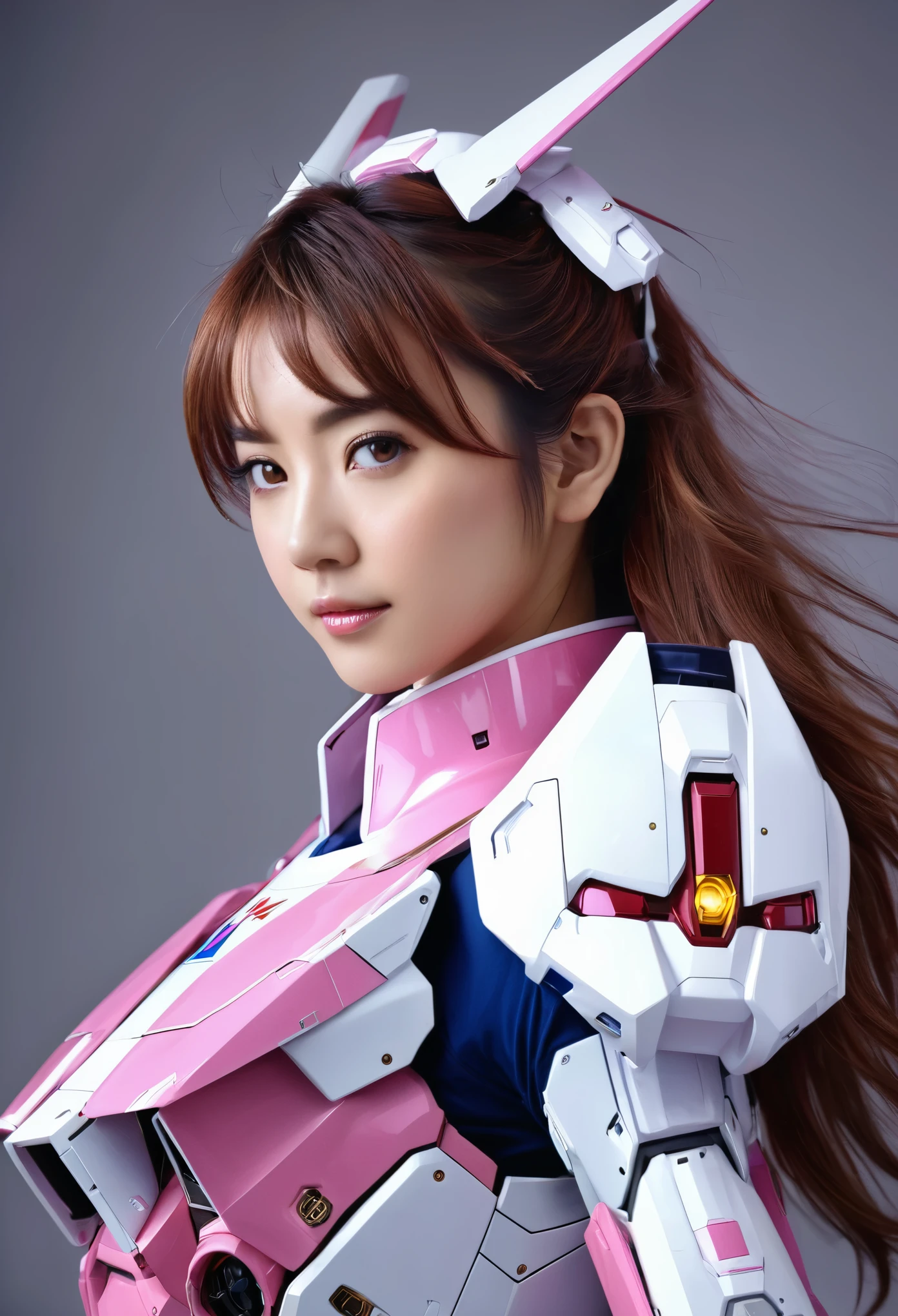 RAW, Masterpiece, Ultra Fine Photo,, Best Quality, Ultra High Resolution, Photorealistic, Sunlight, Full Body Portrait, Stunningly Beautiful,, Dynamic Poses, Delicate Face, Vibrant Eyes, (Side View) a close up of a woman in a pink and white gundam custume, dybamic pose, long brown very very long hair rapunzel, girl in mecha cyber armor, portrait armored astronaut girl, d. va from overwatch, female mecha, on a gundam, gundam head, chiho aoshima color scheme, mobile suit, streamlined purple armor, fully robotic!! girl, realistic cosplay, gundam armor (dynamic pose) (best cameraview), full body, sit down, full body