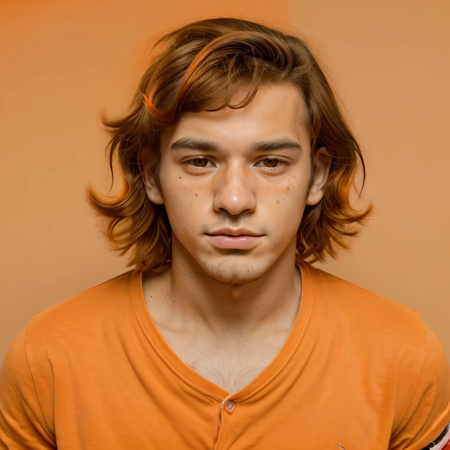 Young man, pelo naranja, orejas de perro de color naranja, ropa naranja y un collar de sol