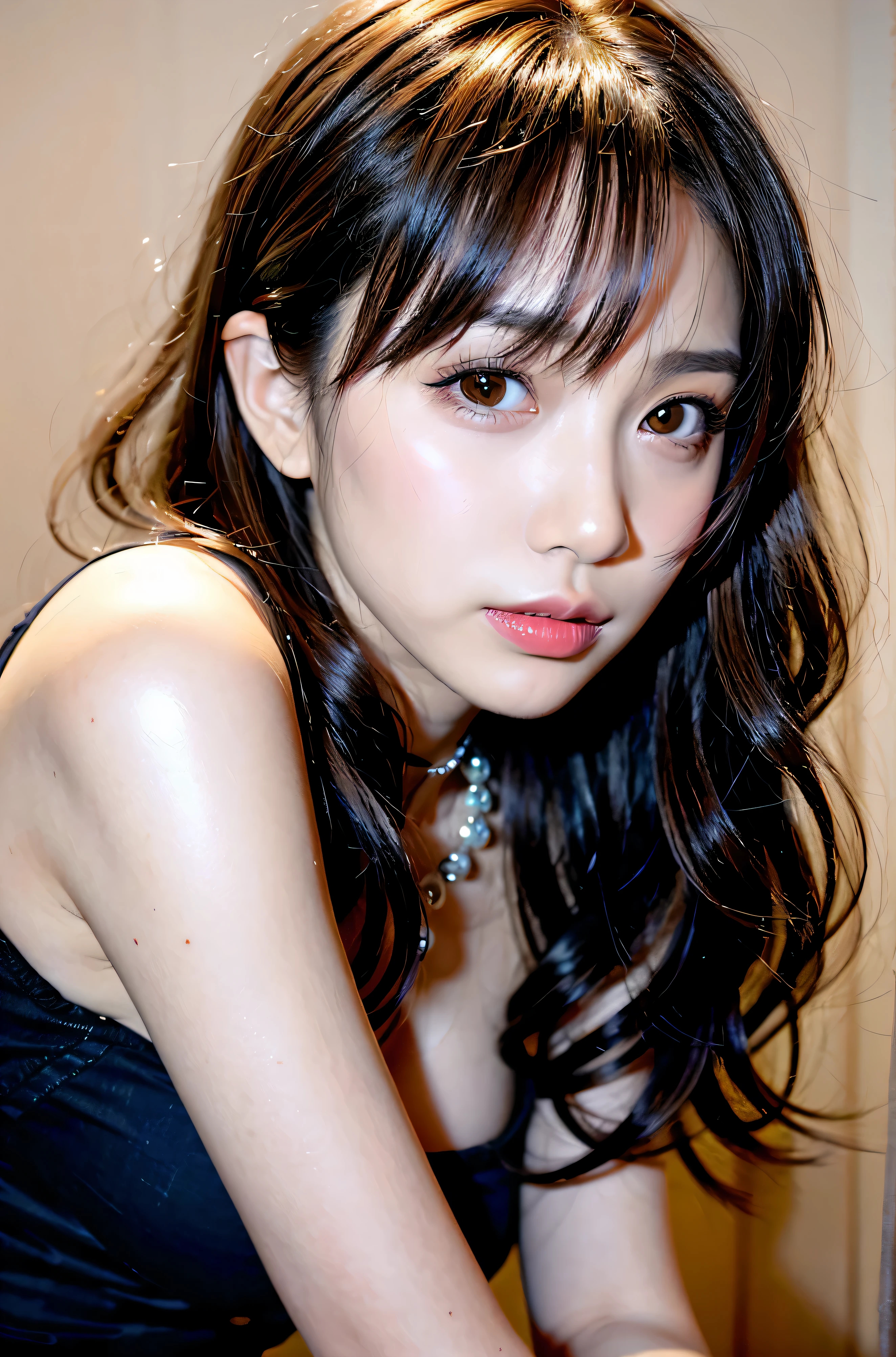 Canon RF85mm f/1.2,masterpiece,best quality,ultra highres,vc,1 girl,(korean mixed,kpop idol:1.2),solo,white_shiny_skin,black eyes,necklace,((brown_short_wavy_hair)),((pink_shiny_lips)),eyelashes,bangs,aface,make-up,shiny,Pore,skin texture,bracelet,offshoulder,see-through,big breasts