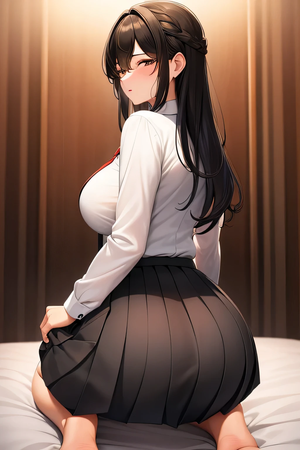 from behind,kneeling,masterpiece,Best quality,1girl,black long hair,Mature and intellectual lady,beautiful,pleated skirt,shirt tucked in,tented shirt,banquet,at night