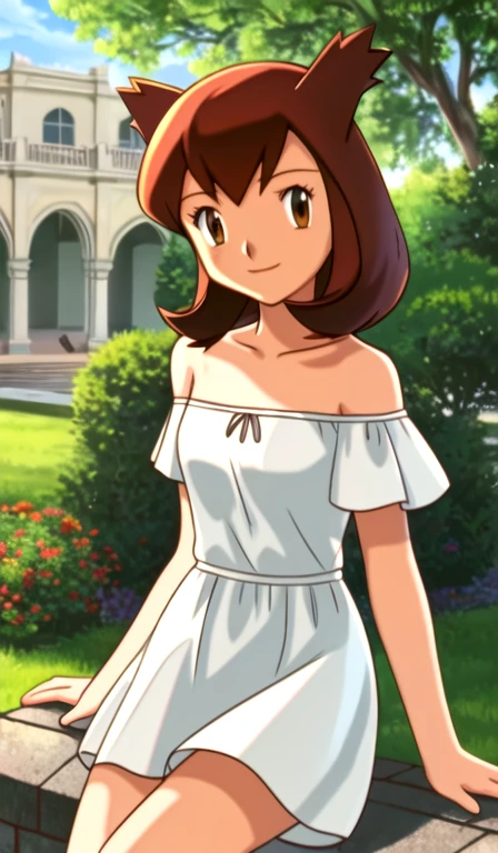 masterpiece, best quality, highres, outdoors, small breasts, 1 girl, Solo, Pokemon Heroes (Bianca), Brown Eyes, Beautiful Detail Eyes, Brown Hair, hands are down, Smile, Blushing, Bare Neck, Bare Shoulders, strapless, White Ruffle Off-the-Shoulder Top, White maxi dress. light smile, intricate details, sharp focus, high resolution, sunlight, sitting on a ledge, outside the Werribee Park Mansion, cowboy shot, cinema lighting