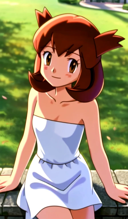 masterpiece, best quality, highres, outdoors, small breasts, 1 girl, Solo, Pokemon Heroes (Bianca), Brown Eyes, Beautiful Detail Eyes, Brown Hair, hands are down, Smile, Blushing, Bare Neck, Bare Shoulders, strapless, White Ruffle Off-the-Shoulder Top, White maxi dress. light smile, intricate details, sharp focus, high resolution, sunlight, sitting on a ledge, outside the Werribee Park Mansion, cowboy shot, cinema lighting
