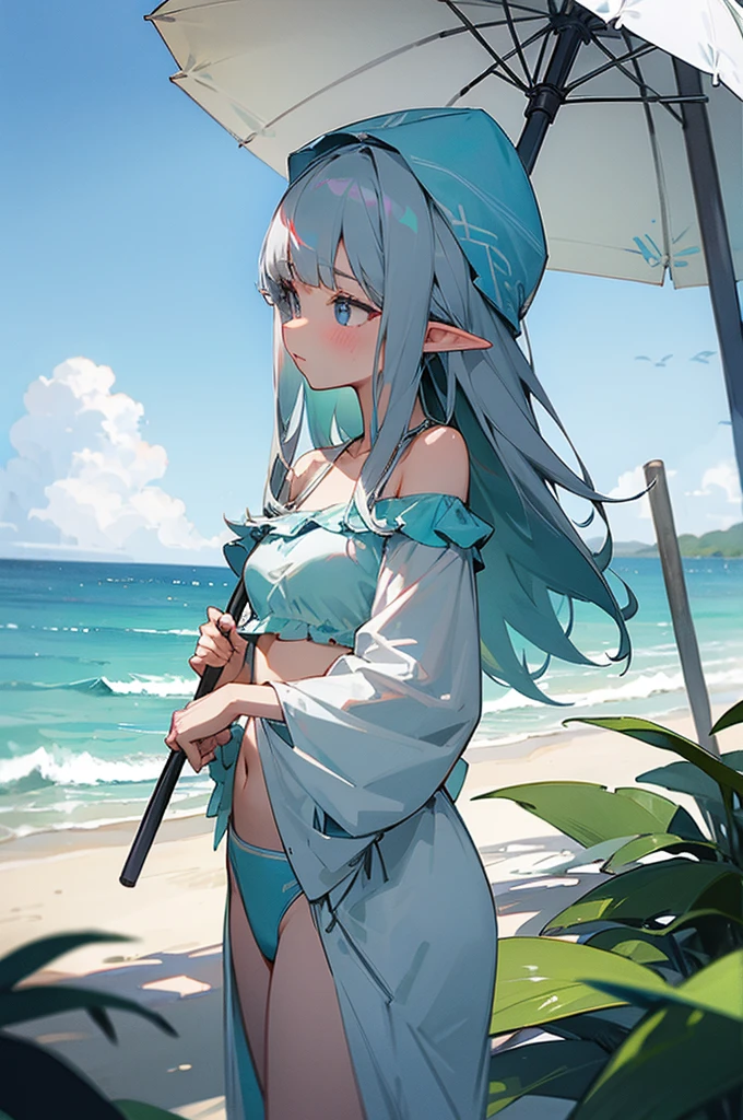 elf、long gray hair、Patsun bangs、ruffle bikini、off shoulder、Ocean、parasol、High resolution