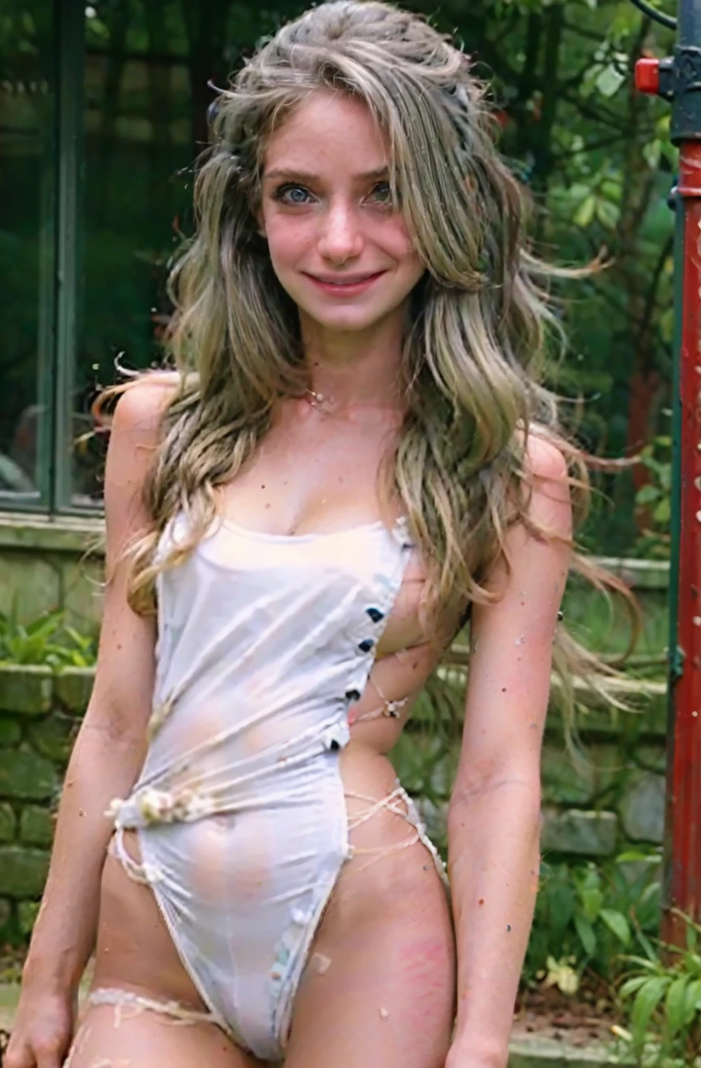 (1girl, 18 year olds),medium breasts, breasts, tan, dewy skin, sweaty skin, wavy blonde hair, punk girl, light silver hair, beauty bust, bathroom, water stains, drenched , ((Naked)), see through, transparent, smiling