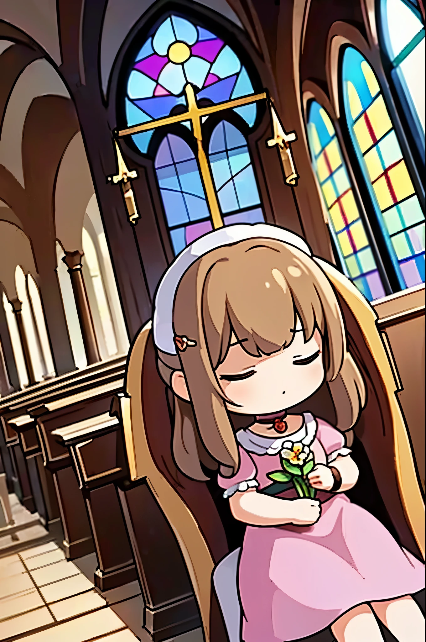 (highest quality,4k,8K,High resolution,masterpiece:1.2),Super detailed,(realistic,photorealistic,photo-realistic:1.37),, ((Little Aerith Gainsbourg)), choker, cropped jacket, hair ribbon, bracelet, pink dress, ((inside the church, A woman lies peacefully sleeping on the altar of the chapel.)), Decorate your body with many beautiful flowers on the altar, Funeral scene for the deceased Aerith.、inside the church, Inside the chapel, stained glass window, Composition with light pouring down from the ceiling., A view of her from above