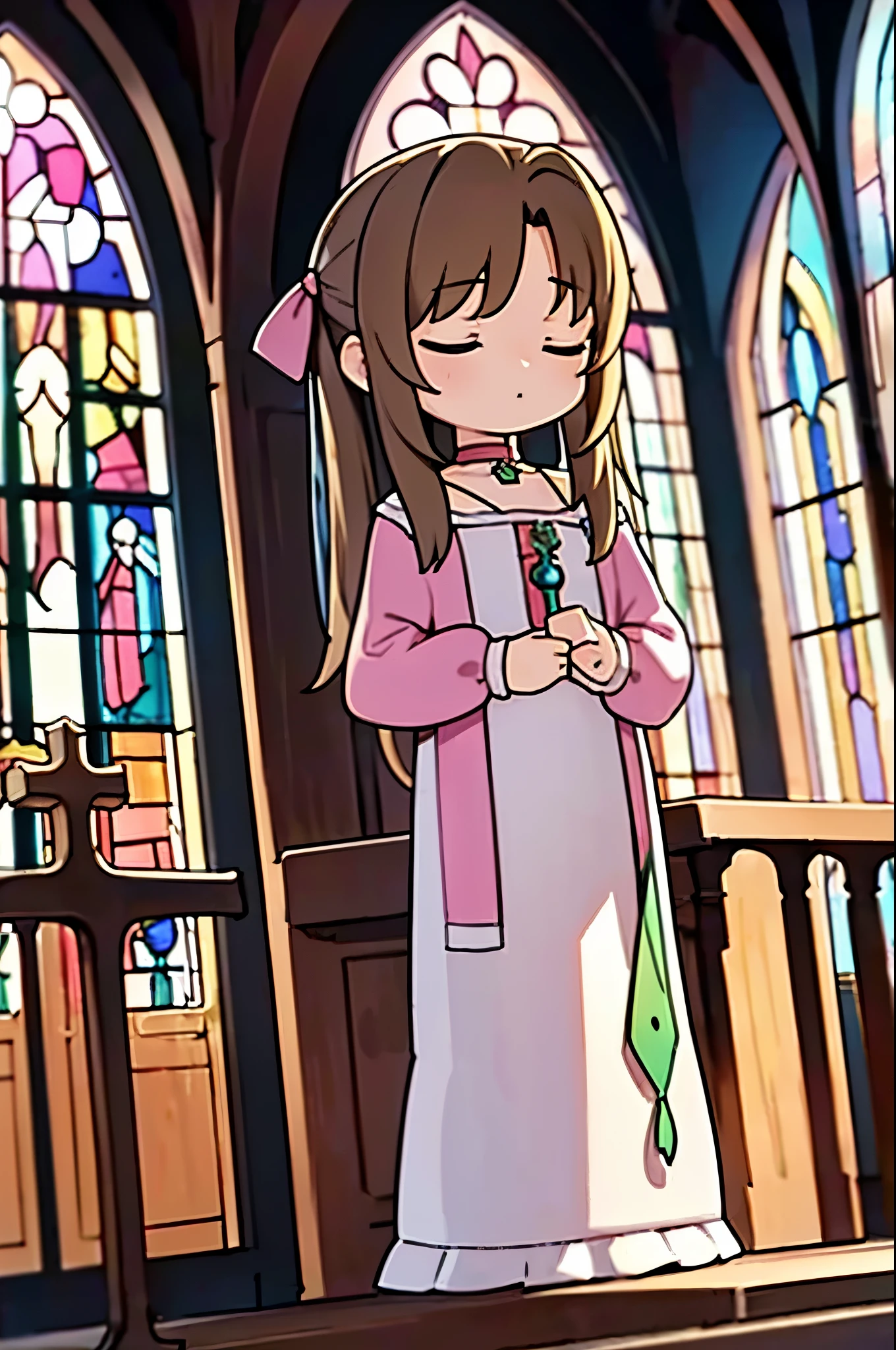 (highest quality,4k,8K,High resolution,masterpiece:1.2),Super detailed,(realistic,photorealistic,photo-realistic:1.37),, ((Little Aerith Gainsbourg)), choker, cropped jacket, hair ribbon, bracelet, pink dress, ((inside the church, A woman lies peacefully sleeping on the altar of the chapel.)), Decorate your body with many beautiful flowers on the altar, Funeral scene for the deceased Aerith.、inside the church, Inside the chapel, stained glass window, Composition with light pouring down from the ceiling., A view of her from above