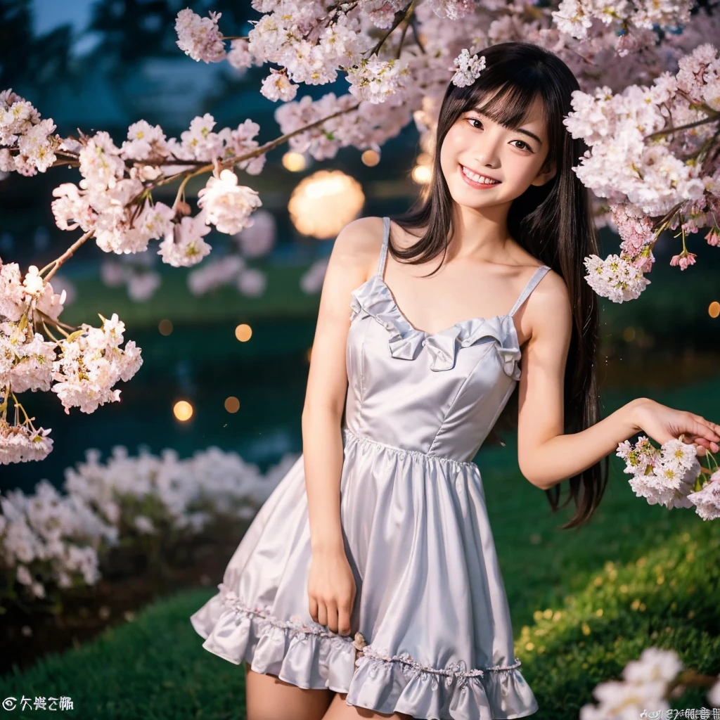 (RAW Photos、Highest quality、masterpiece、Realistic photo:1.3)、(Realistic:1.4)、Dramatic lighting、Pastel Color Palette、Super detailed、high resolution、(Detailed Background、The background is blurry、Depth of written boundary:1.6)、Pretty girl、Slender body、(smile、Perfect white teeth)、looking at the camera、Straight Hair、Long Hair、bangs、(Spread your legs、squat、White underwear is visible:1.4)、Dynamic Angle、(Fine lace clothing、Purple dress、Short skirt:1.5)、hydrangea in the background、