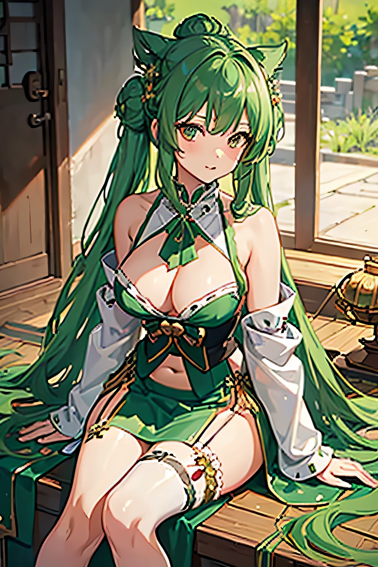 ((best quality)), ((masterpiece)), (detailed), perfect face, girl, green hair, long hair, thigh high, shrine maiden, Miko priestess, garter belt, poolside theme, long skirt, hair in bun, hair in bun, one girl, navel showing