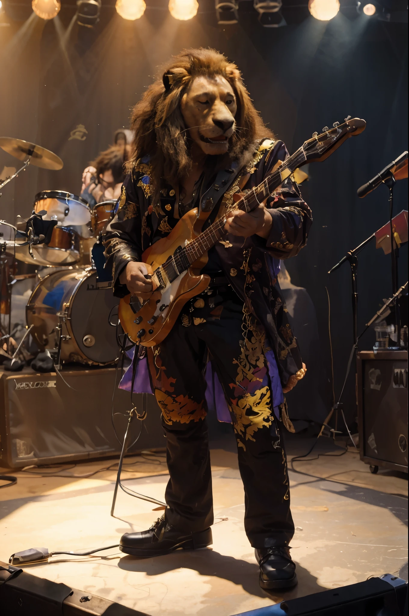 ((Leodore rocking out with a guitar in a Jimi Hendrix outfit on stage)), masterpiece, best, photo realistic, anthro lion rocker, lioness band