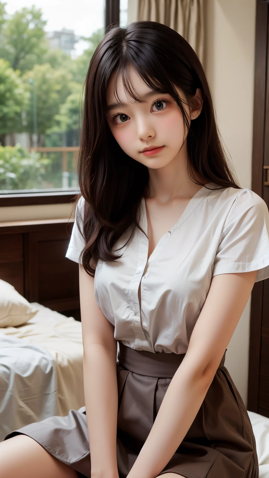 inns,RAW photos,8K,HighestQuali, 超高分辨率,Beautiful face details,Real human skin,A sad expression,up front view,From the angle of the side,Long hair with a shawl,realisticlying,realisticlying,adolable,short skirt,sit on a bed,cute female student,Japanese schoolgirl uniform,Wearing a Japanese school uniform,校服,Surreal high school girl,full bodyesbian,cat ear