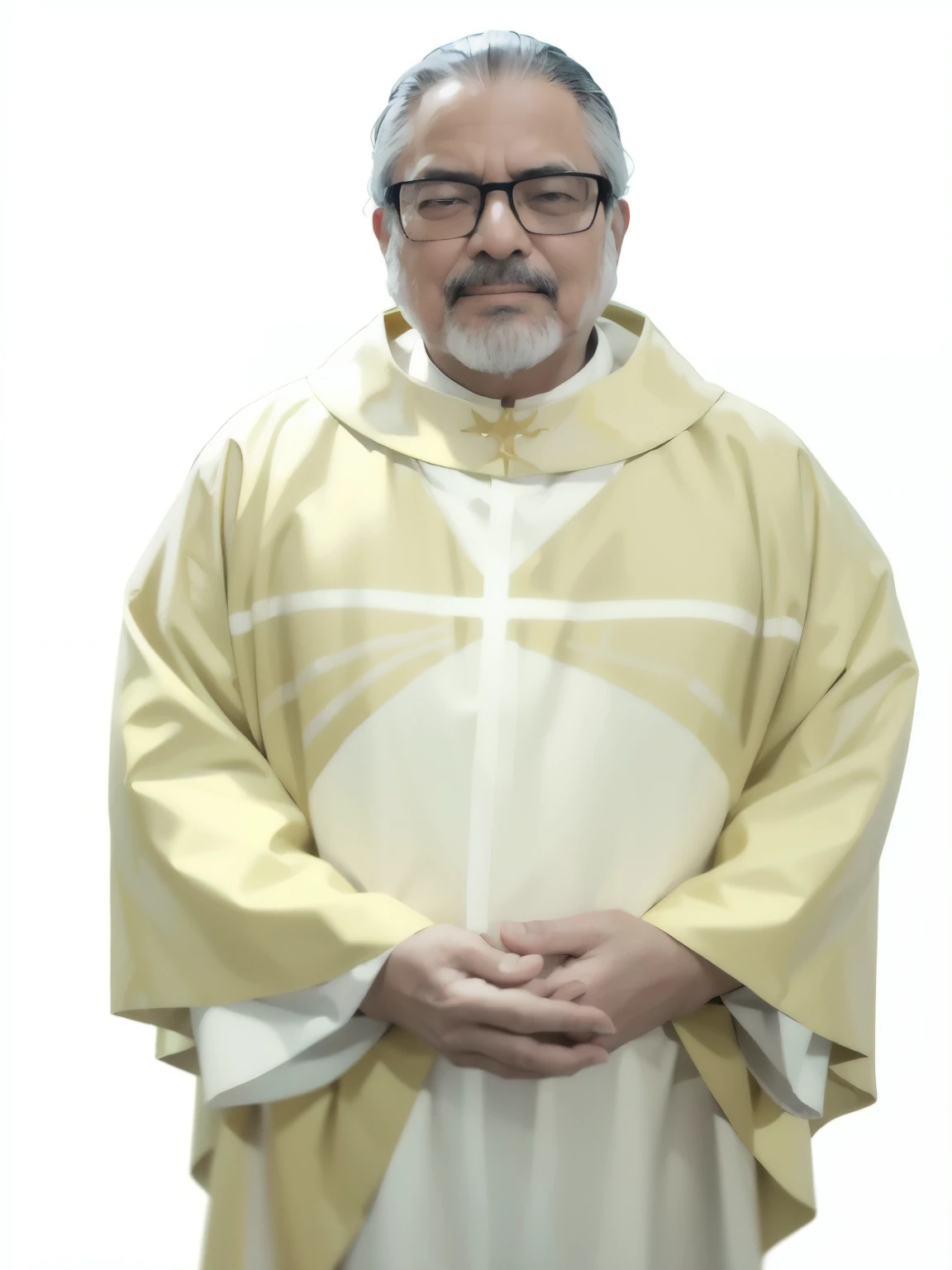 a man in a yellow robe and glasses standing with his hands crossed, solis sacerdotibus, carregado, rise of henry, usando cruz no manto, salustiano garcia cruz, album photo, Padre, Frank Frazeta, Randy Bispo, pontiff, vitor maristane, Juan José Serrano, eu dou Giancola, Ron Cobb, bartolome ros, robed