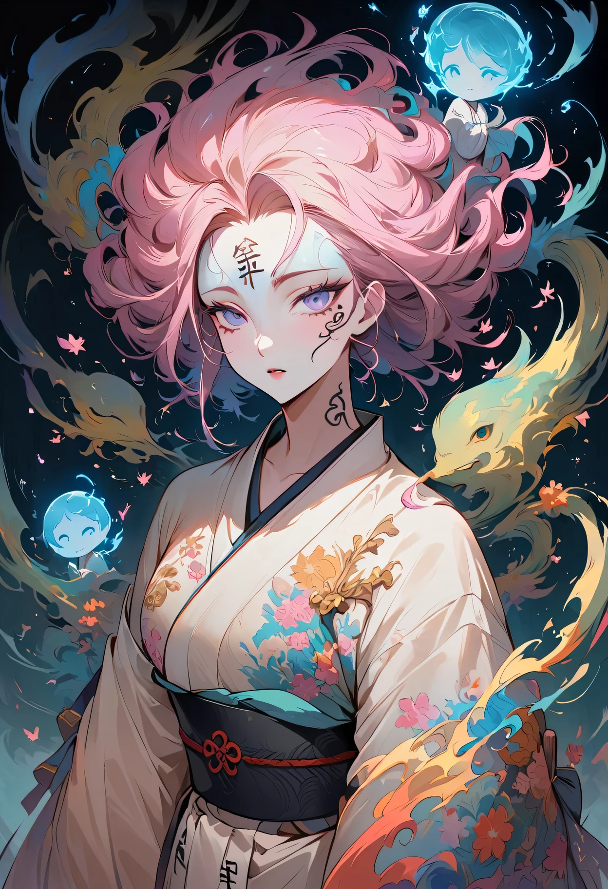 surreal, Very detailed, and a high resolution 16k image of a young man, Beautiful female ghost or guardian angel. She has light pink hair and translucent skin, Wearing a traditional Japanese kimono，face tattoo(Meaningful Chinese character writing:1.1)，There is a small cherry blossom pattern on the belt. The image captures the ethereal beauty and mystery of the world. Style inspired by sophistication, Soft aesthetics in traditional Japanese art.