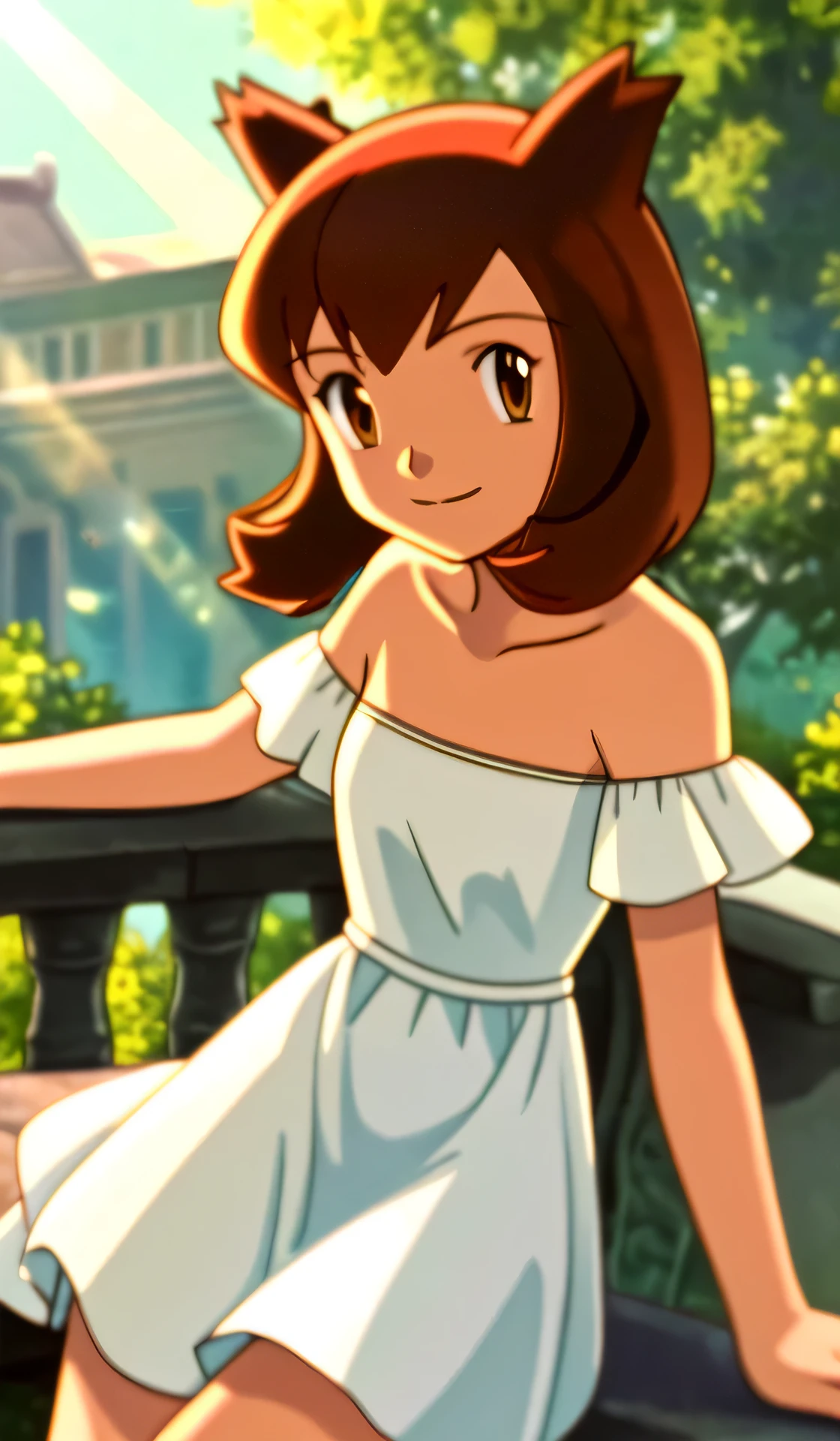 masterpiece, best quality, highres, outdoors, small breasts, 1 girl, Solo, Pokemon Heroes (Bianca), Brown Eyes, Beautiful Detail Eyes, Brown Hair, hands are down, Smile, Blushing, Bare Neck, Bare Shoulders, strapless, White Ruffle Off-the-Shoulder Top, White maxi dress. light smile, intricate details, sharp focus, high resolution, sunlight, sitting on a ledge, outside the Werribee Park Mansion, cowboy shot, cinema lighting