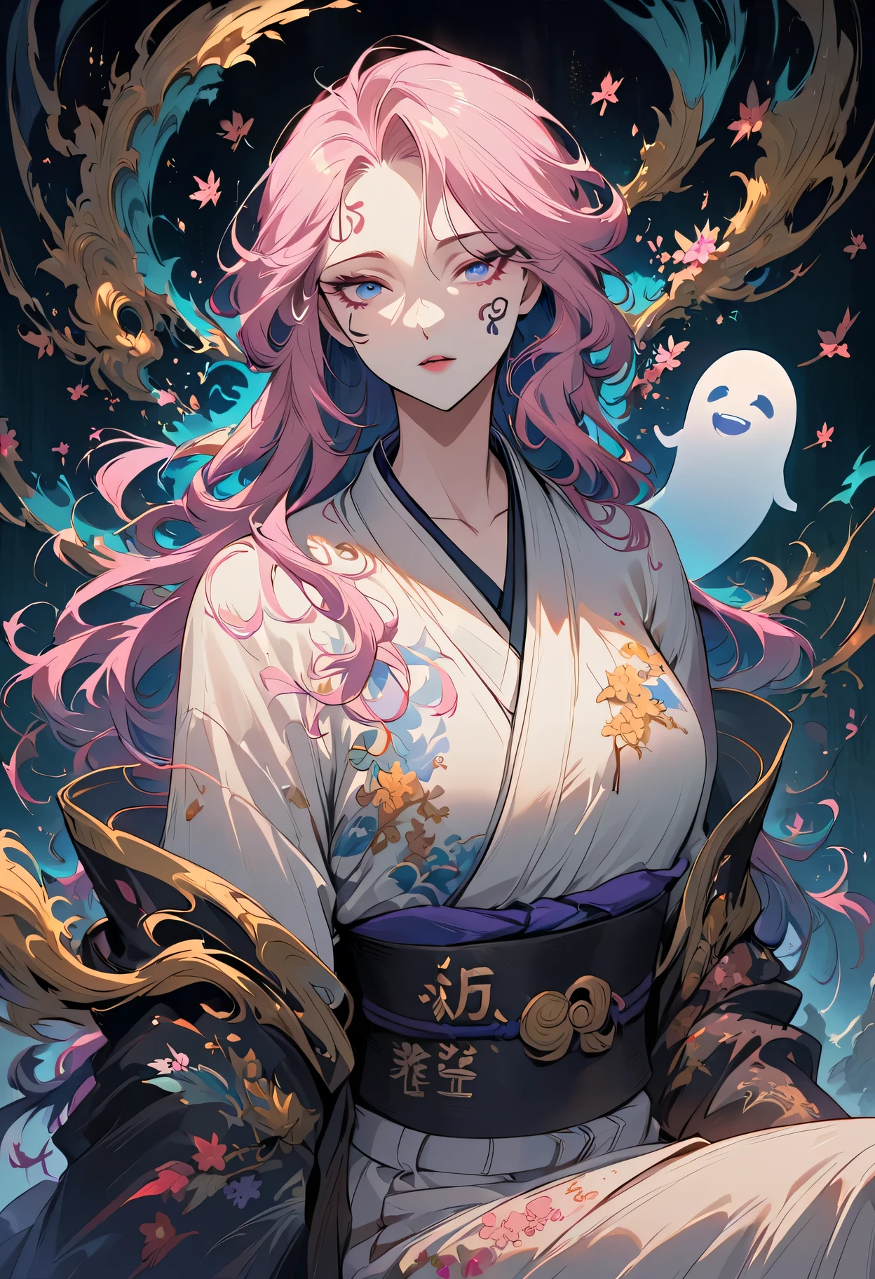 surreal, Very detailed, and a high resolution 16k image of a young man, Beautiful female ghost or guardian angel. She has light pink hair and translucent skin, Wearing a traditional Japanese kimono，face tattoo(Meaningful Chinese character writing:1.1)，There is a small cherry blossom pattern on the belt. The image captures the ethereal beauty and mystery of the world. Style inspired by sophistication, Soft aesthetics in traditional Japanese art.