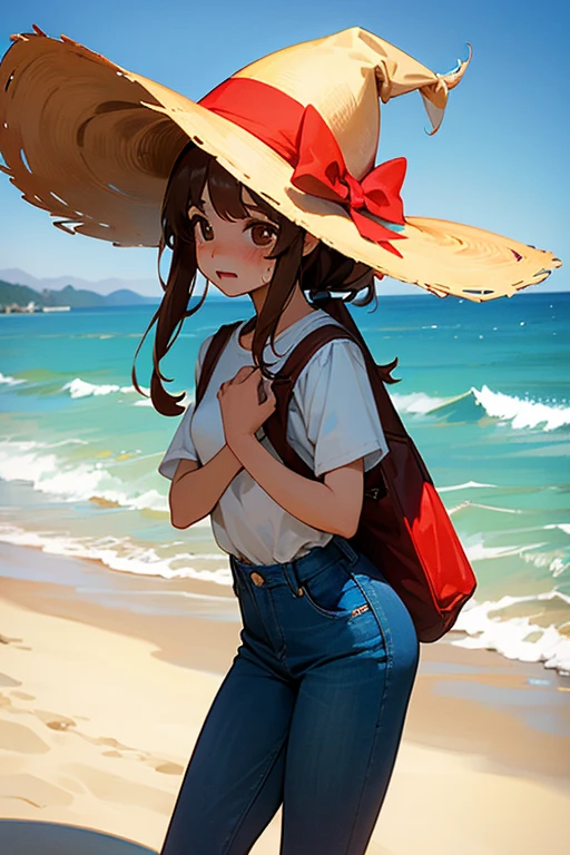 1 chica, has brown hair, has brown eyes, esta llorando, tiene una polera blanca, esta en la playa, mira de frente a la camara, lleva una cartera roja, lleva pantalon jeans, tiene un sombrero de playa
