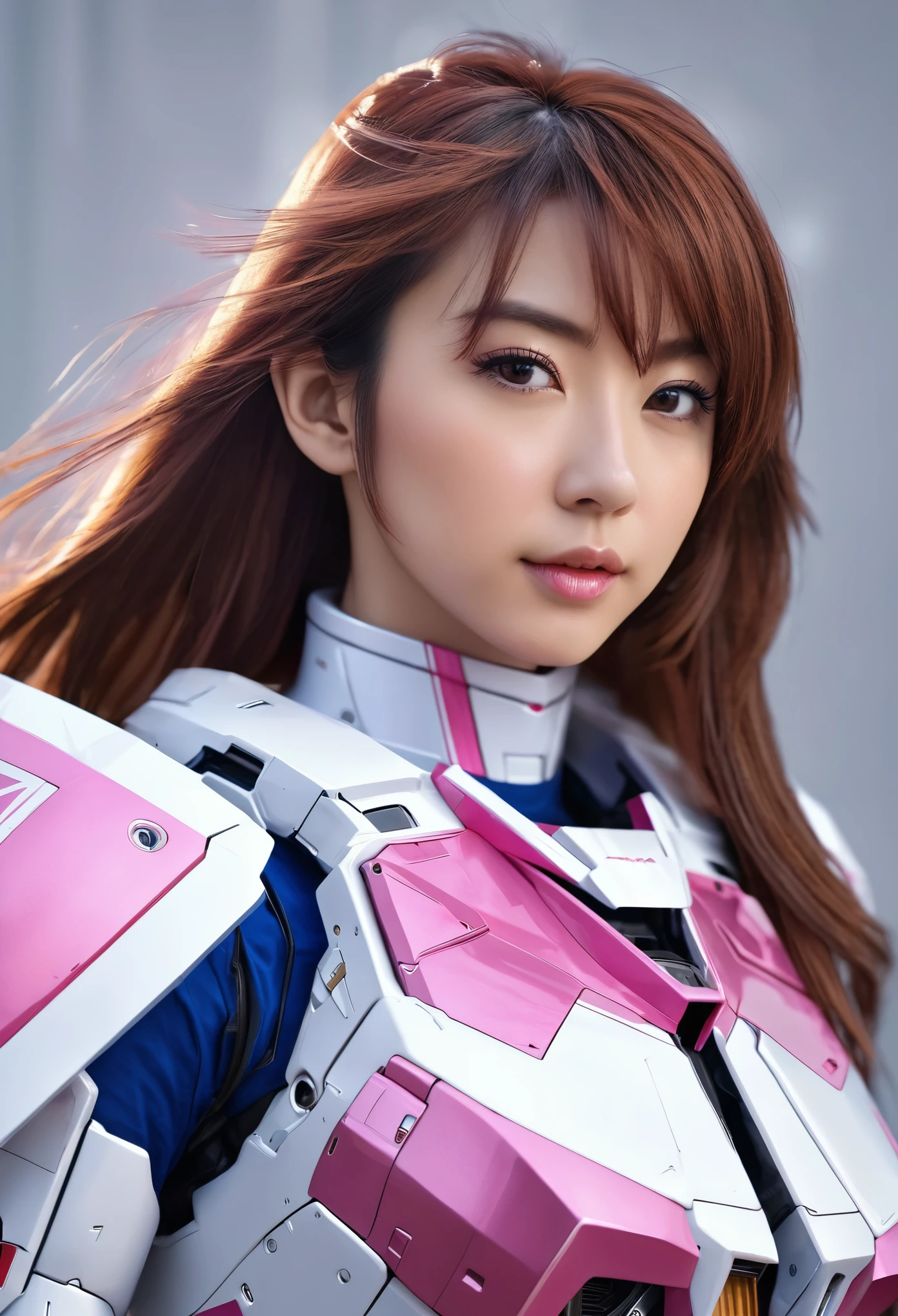 RAW, Masterpiece, Ultra Fine Photo,, Best Quality, Ultra High Resolution, Photorealistic, Sunlight, Full Body Portrait, Stunningly Beautiful,, Dynamic Poses, Delicate Face, Vibrant Eyes, (Side View) a close up of a woman in a pink and white gundam custume, dybamic pose, long brown very very long hair rapunzel, girl in mecha cyber armor, portrait armored astronaut girl, d. va from overwatch, female mecha, on a gundam, gundam head, chiho aoshima color scheme, mobile suit, streamlined purple armor, fully robotic!! girl, realistic cosplay, gundam armor (dynamic pose) (best cameraview), full body, sit down, full body