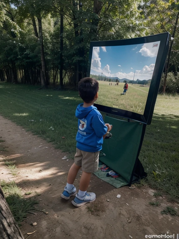 "Describe a visual scene that illustrates the contrast between excessive use of technology and the importance of outdoor activities for children.. A boy is captivated by the screen of his cell phone, mientras adultos preocupados debaten a su alrededor. En el fondo, other children enjoy games in nature."