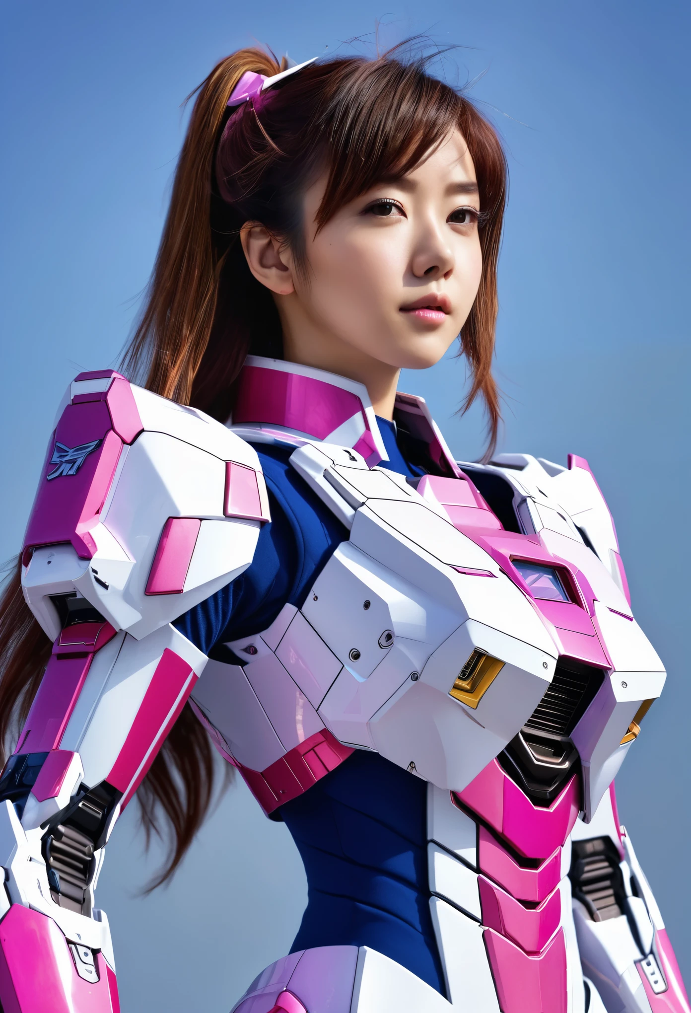 RAW, Masterpiece, Ultra Fine Photo,, Best Quality, Ultra High Resolution, Photorealistic, Sunlight, Full Body Portrait, Stunningly Beautiful,, Dynamic Poses, Delicate Face, Vibrant Eyes, (Side View) a close up of a woman in a pink and white gundam custume, dybamic pose, long brown very very long hair rapunzel, girl in mecha cyber armor, portrait armored astronaut girl, d. va from overwatch, female mecha, on a gundam, gundam head, chiho aoshima color scheme, mobile suit, streamlined purple armor, fully robotic!! girl, realistic cosplay, gundam armor (dynamic pose) (best cameraview), full body, sit down, full body