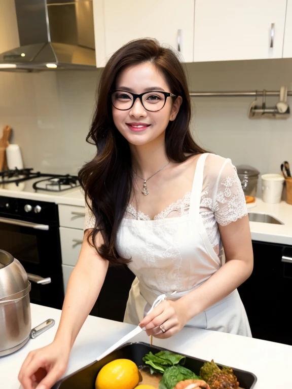 ((最high quality、8K、masterpiece、portrait:1.3)), written boundary depth, lively, realistic, Super detailed, hair, fine eyes, high quality, 35 years oldのきれいな女日本人女性, 35 years old, Glasses, plump body, big breasts、cleavage、黒hair, long straight hair, sexy white lace apron、Completely naked、barefoot、wedding ring, smile、Modern tidy and realistic kitchen、 Cooking、best shot