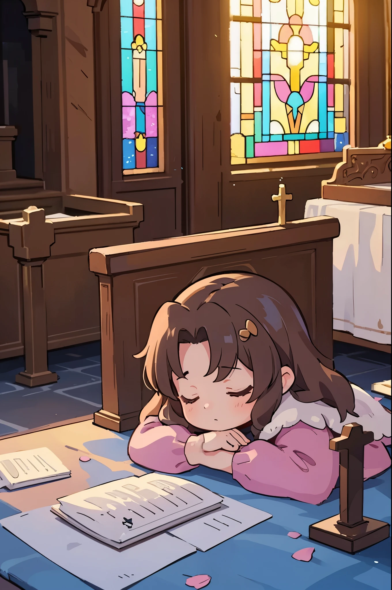 (highest quality,4k,8K,High resolution,masterpiece:1.2),Super detailed,(realistic,photorealistic,photo-realistic:1.37),, ((Little Aerith Gainsbourg)), choker, cropped jacket, hair ribbon, bracelet, pink dress, ((inside the church, A woman lies peacefully sleeping on the altar of the chapel.)), Decorate your body with many beautiful flowers on the altar, Funeral scene for the deceased Aerith.、inside the church, Inside the chapel, stained glass window, Composition with light pouring down from the ceiling., A view of her from above