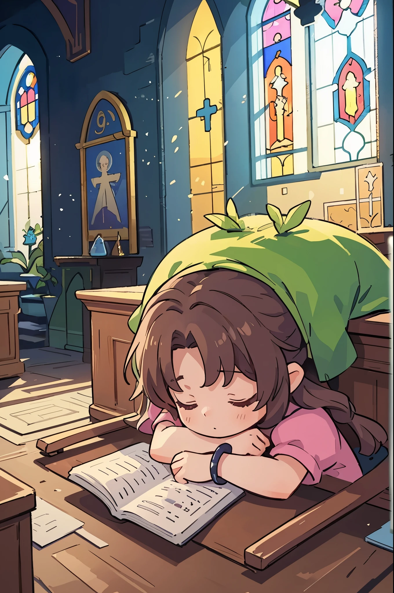 (highest quality,4k,8K,High resolution,masterpiece:1.2),Super detailed,(realistic,photorealistic,photo-realistic:1.37),, ((Little Aerith Gainsbourg)), choker, cropped jacket, hair ribbon, bracelet, pink dress, ((inside the church, A woman lies peacefully sleeping on the altar of the chapel.)), Decorate your body with many beautiful flowers on the altar, Funeral scene for the deceased Aerith.、inside the church, Inside the chapel, stained glass window, Composition with light pouring down from the ceiling., A view of her from above