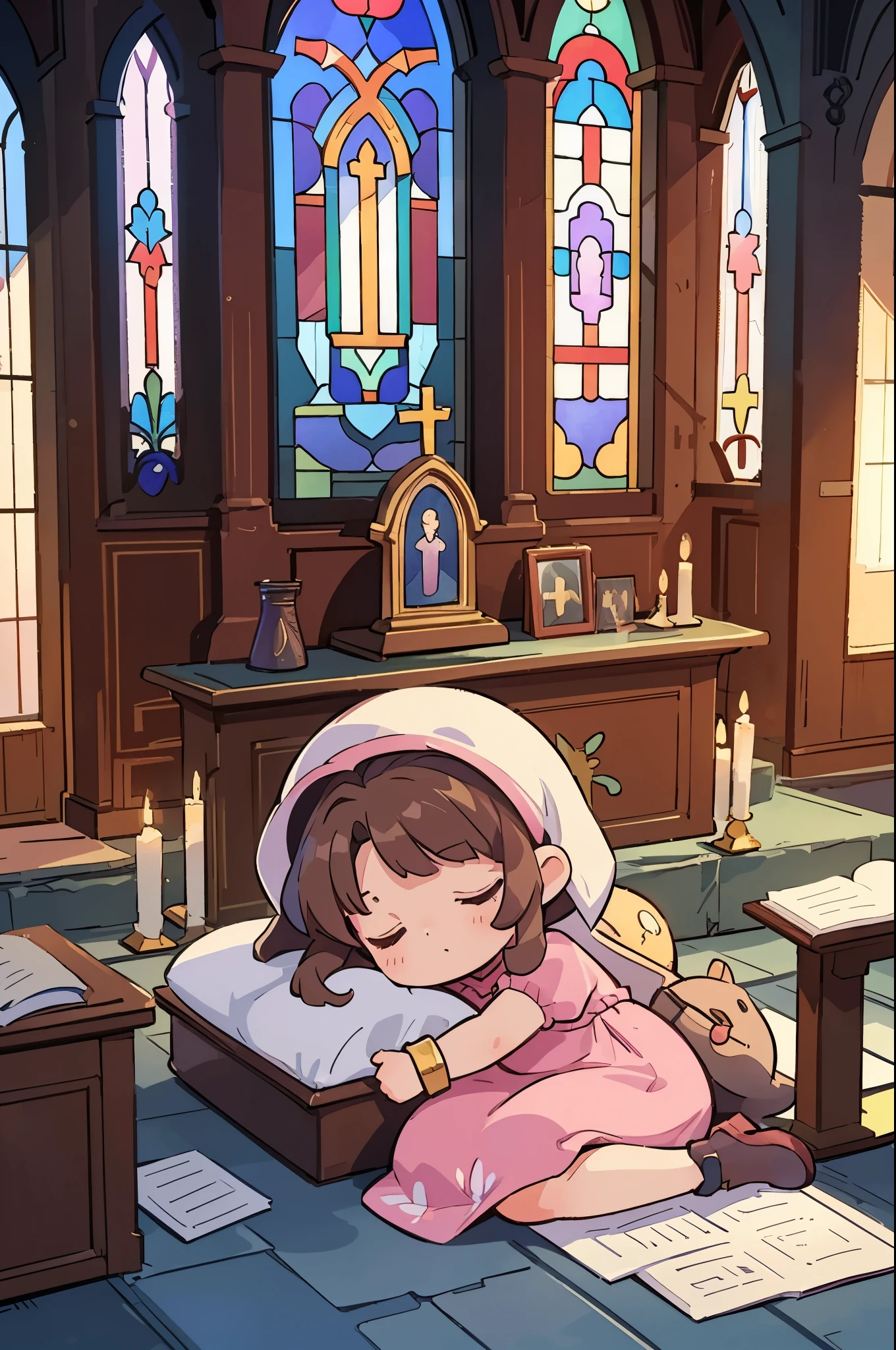 (highest quality,4k,8K,High resolution,masterpiece:1.2),Super detailed,(realistic,photorealistic,photo-realistic:1.37),, ((Little Aerith Gainsbourg)), choker, cropped jacket, hair ribbon, bracelet, pink dress, ((inside the church, A woman lies peacefully sleeping on the altar of the chapel.)), Decorate your body with many beautiful flowers on the altar, Funeral scene for the deceased Aerith.、inside the church, Inside the chapel, stained glass window, Composition with light pouring down from the ceiling., A view of her from above