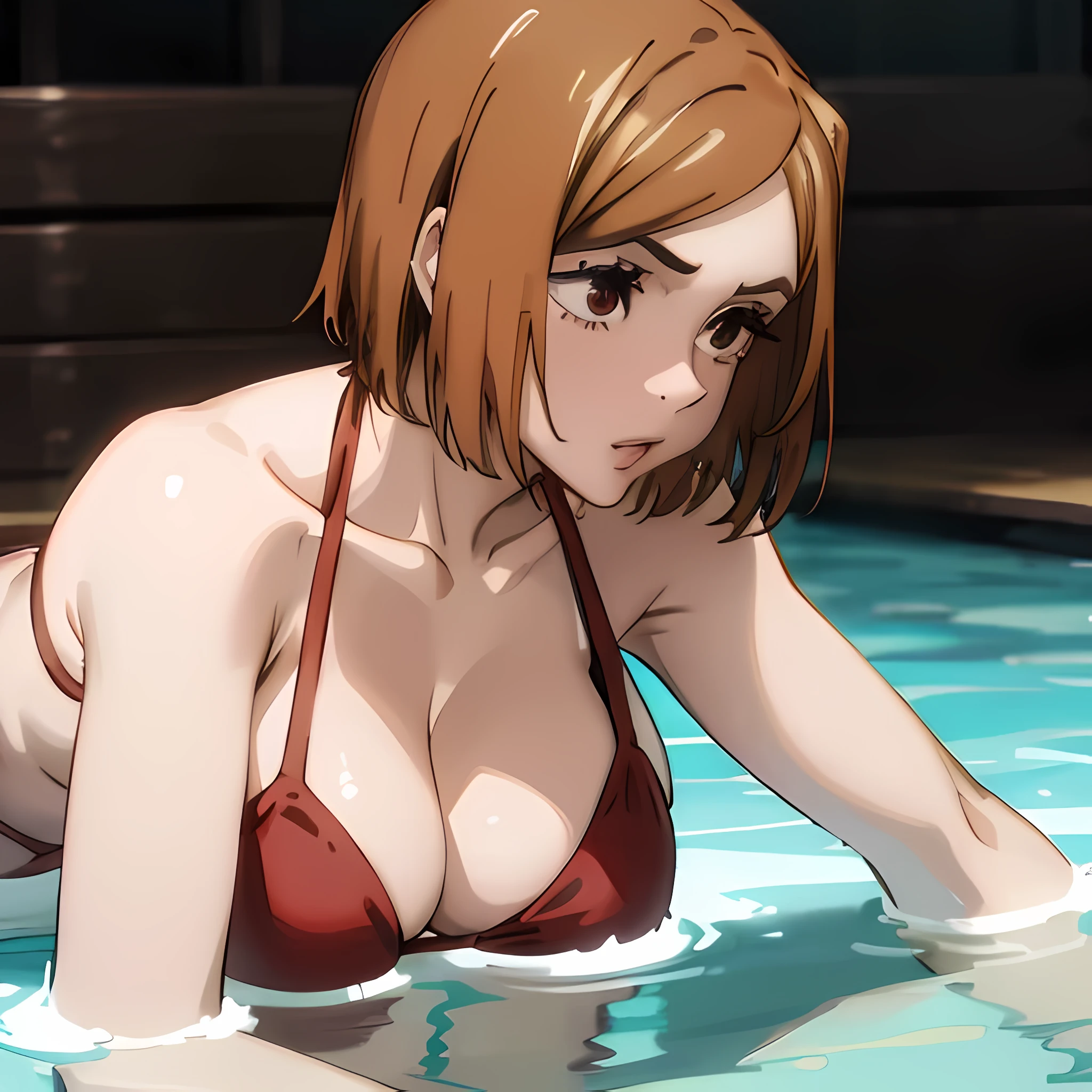 Nobara, short brown hair, big breasts, red bikini,