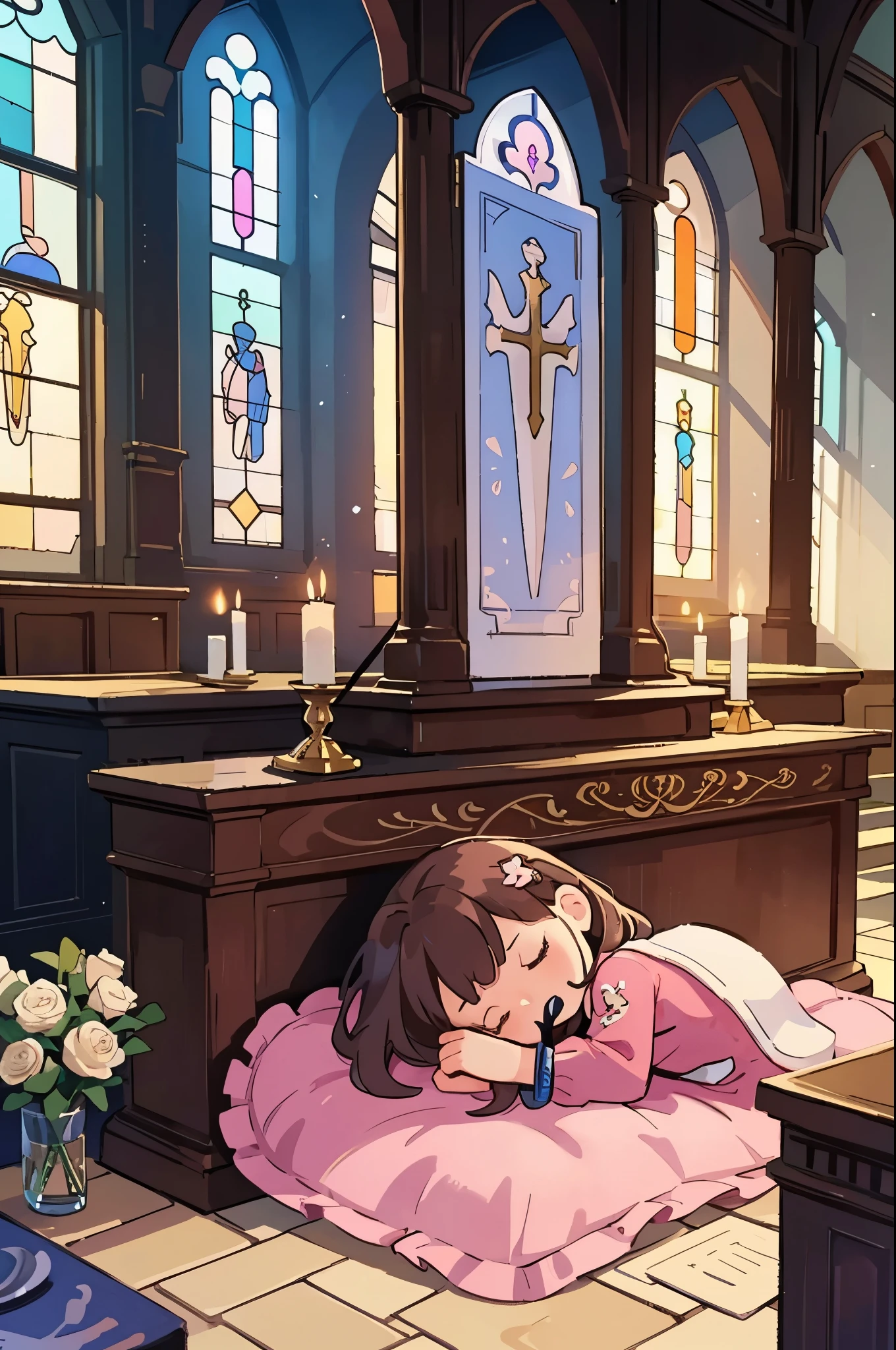 (highest quality,4k,8K,High resolution,masterpiece:1.2),Super detailed,(realistic,photorealistic,photo-realistic:1.37),, ((Little Aerith Gainsbourg)), choker, cropped jacket, hair ribbon, bracelet, pink dress, ((inside the church, A woman lies peacefully sleeping on the altar of the chapel.)), Decorate your body with many beautiful flowers on the altar, Funeral scene for the deceased Aerith.、inside the church, Inside the chapel, stained glass window, Composition with light pouring down from the ceiling., A view of her from above