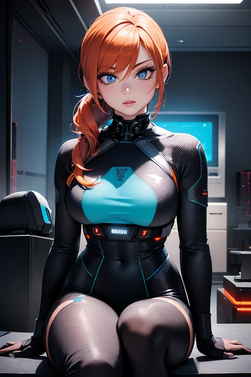 (best quality, highres, ultra-detailed, realistic:1.37), 1girl, solo, 32 years old, short orange hair, pony tail styled hair, blue eyes, light skin, natural makeup, beautiful detailed eyes, beautiful detailed lips, extremely detailed face, long eyelashes, perfect waist, stunning face, thick thighs, looking at the viewer, sci-fi, digital art, futuristic coloring, vibrant lighting, (Background: Indoors, living room, futuristic, Sci-Fi, cyberpunk theme, futuristic technology in the background)
