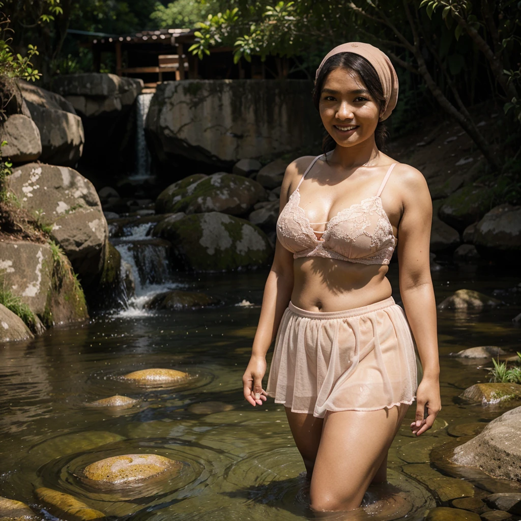 Realistic photo depicting an Indonesian woman, villager, poor woman, 40 years old, wearing peach color hijab, wearing peach color bra, wearing very short see-through peach color lace skirt, smiling, dark skin, curvy body, 150 cm height tall, thick thighs, thick arms, standing in creek, facing the camera, full body, making it very realistic and detail