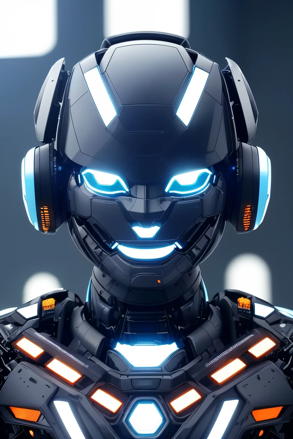 A captivating close-up of a robot's head and upper shoulders, showcasing an advanced, high-tech design. The robot's prominent central eye gleams with a blue glow, signifying its artificial intelligence. The color palette harmoniously blends white, black, and orange hues, complemented by a complex network of panels, bolts, and intricate mechanical elements that exude a sense of advanced articulation and functionality. The materials evoke a fusion of metallic and synthetic components, adding to the intrigue. The out-of-focus background is adorned with small, delicate bokeh light effects, creating an illusion of depth and surrounding environment. Draped in a black fabric