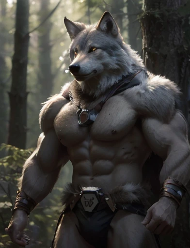 Create the image of a wolf with human characteristics observing attentively, among the trees, in a lookout posture.  The wolf is in a forest, He dresses like a hunter.  The focus of the image must be on the character, capturing precision in details.  The image should convey a sense of power, ferocity and determination.