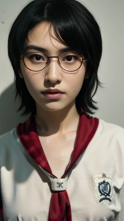 (highres,masterpiece:1.2),ultra-detailed,realistic,professional,beautiful detailed eyes,beautiful detailed lips,dark hair,short black hair,red glasses,stunning black eyes,clear skin,18-year-old girl,fashionable short hairstyle,vibrant red glasses,Shinobi Academy,fierce determination,confident posture,crimson outfit,intense gaze,background filled with ninjutsu techniques,shadows cleverly accentuating her features,subtle studio lighting,sublime realism,striking color tones,small breast, bare breast,