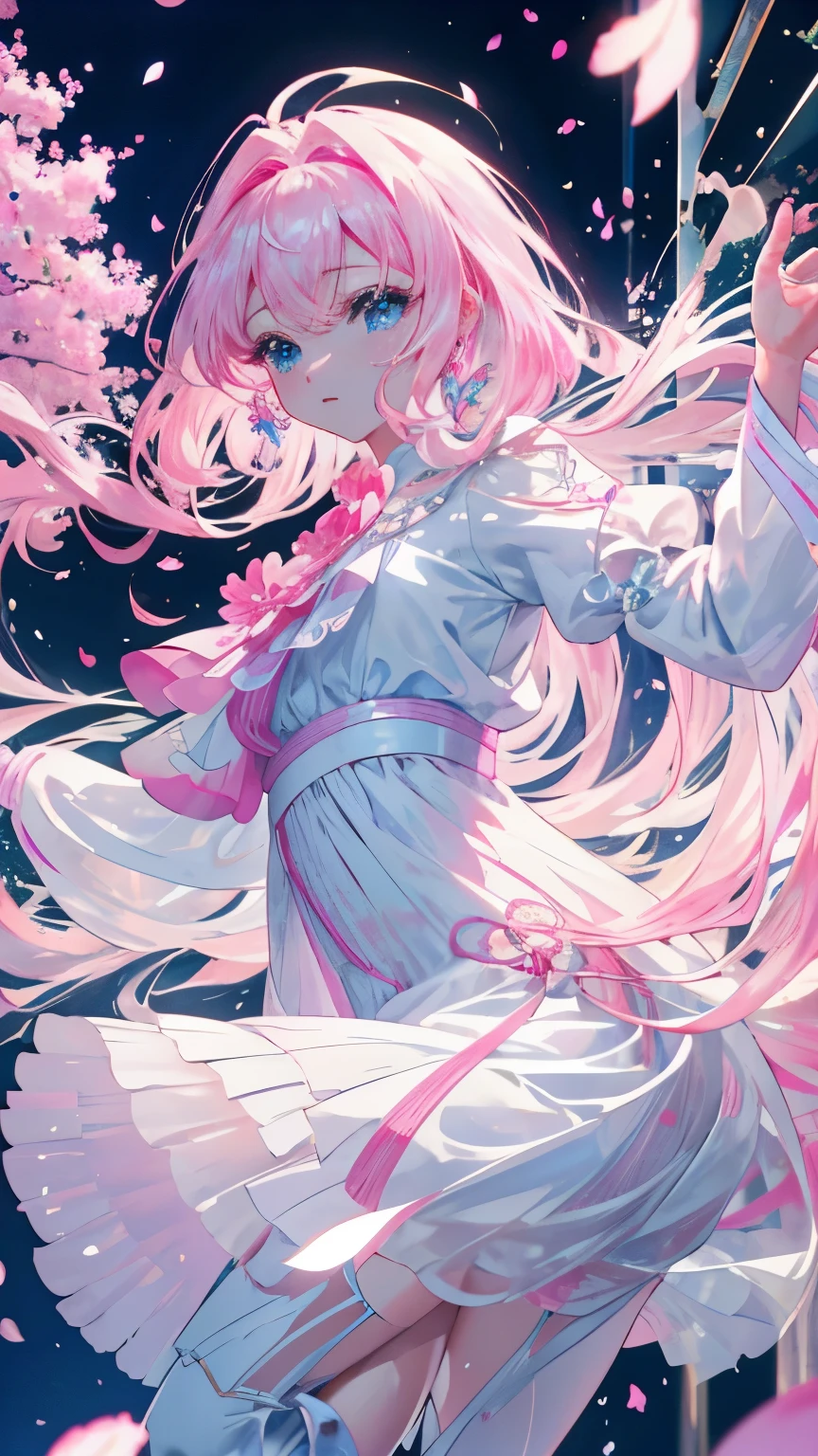 (CG unity 8K wallpaper extremely detailed) (better quality) (better lighting) (an extremely delicate and beautiful) (floating) (beautiful) (spring atmosphere) (1 girl) (pink long hair), (hair band), (detailed and beautiful blue eyes), ((very short white dress, pink race underside), (race), ((light transparent silk))), (cherry blossom petals), (butterfly), (degrees of freedom), (volume light) cinematic lighting, chromatic aberration, Sony FE manager, rough skin, advanced details, High resolution, 8K