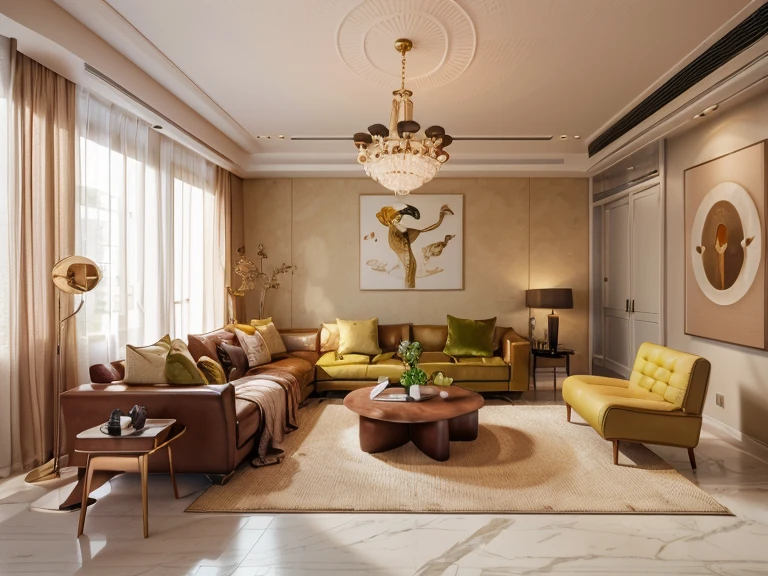 (a refined living room experience), a girl stepped into the living room, feeling as if she entered an exquisite art gallery. The ceiling is high, adorned with modernist oil paintings that are vibrant and full of life. The sofa is upholstered with top-grade velvet material, providing a touch as soft as silk. Cloud-shaped chandeliers and marble sculptures intertwine, creating an atmosphere of art and luxury. The decorative pieces are thoughtfully arranged, each resembling a masterpiece created by an artist. In this meticulously designed space, I couldn't help but be captivated by the unique charm of art. (best quality,4k,8k,highres,masterpiece:1.2),ultra-detailed,(realistic,photorealistic,photo-realistic:1.37), sophisticated colors, vivid hues, studio lighting