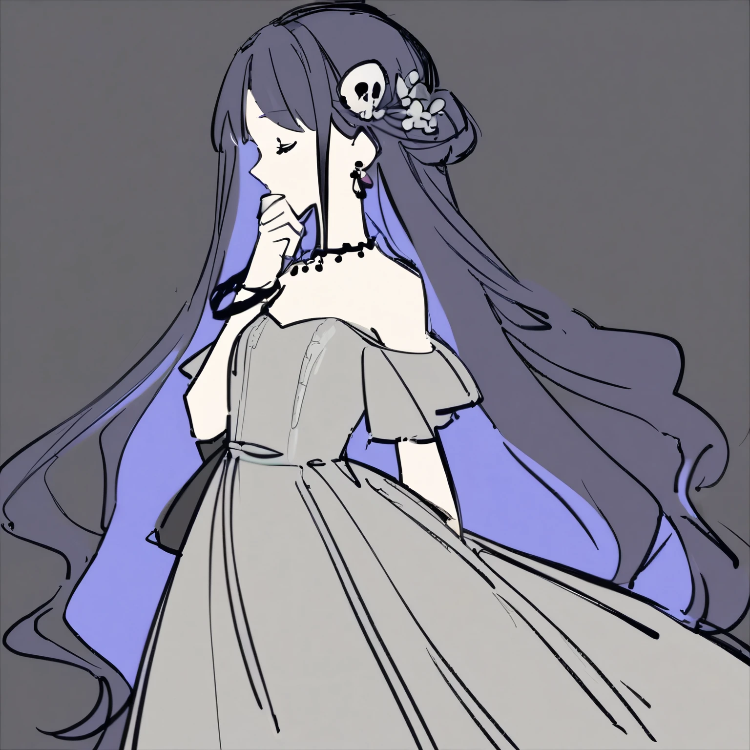high quality,sketch,flat color,graphite \\(Moderate\\),1 girl,alone,Dark blue hair、dark blue hair,hair ornaments,long hair,flower,closed my eyes,hair flower,jewelry,dress,earrings,skull hair ornaments,very long hair,skull,bracelet,simple background,black background,up to date,slow,black dress、necromancer、Light blue inner hair