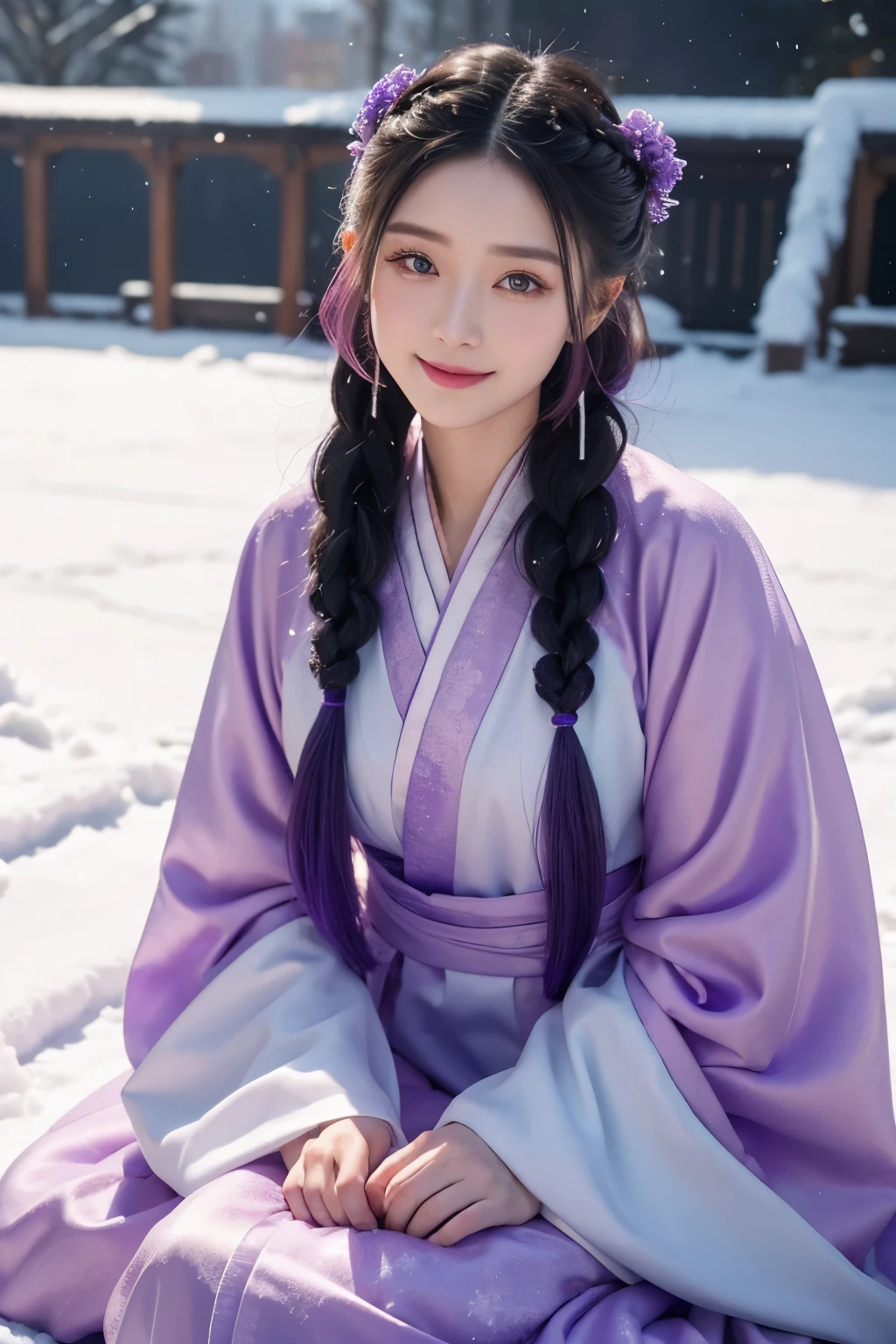Bright purple robes, Hanfu long skirt, Big eyes, Masterpiece absolute beauty, 1 woman, Close-up. Close-up, A healing smile, Snow scene, 4k picture quality, Twisted braids, Princess hairstyle, Princess cut, Simple hair accessories, clubs, People can't forget when they see beauty,long leges,Shyness blush