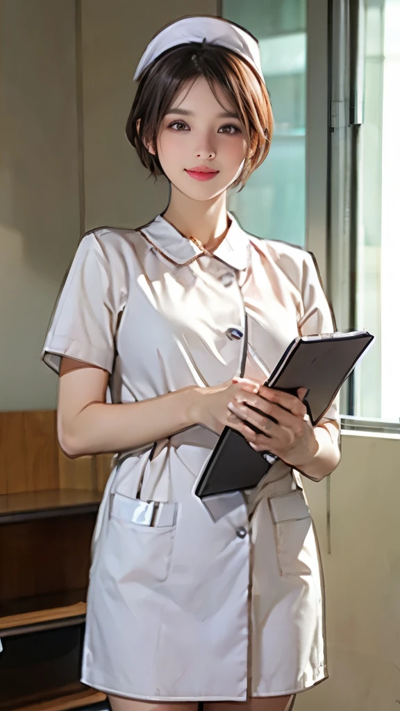 1 girl、The nurse girl looked at me and smiled.、gentle smile、black short hair、nurse cap、slender、with a notebook、white nurse uniform、Knee-length one-piece nurse uniform、cowboy shot、At the hospital、anatomically correct、precise fingers、exact limbasterpiece、Photorealise