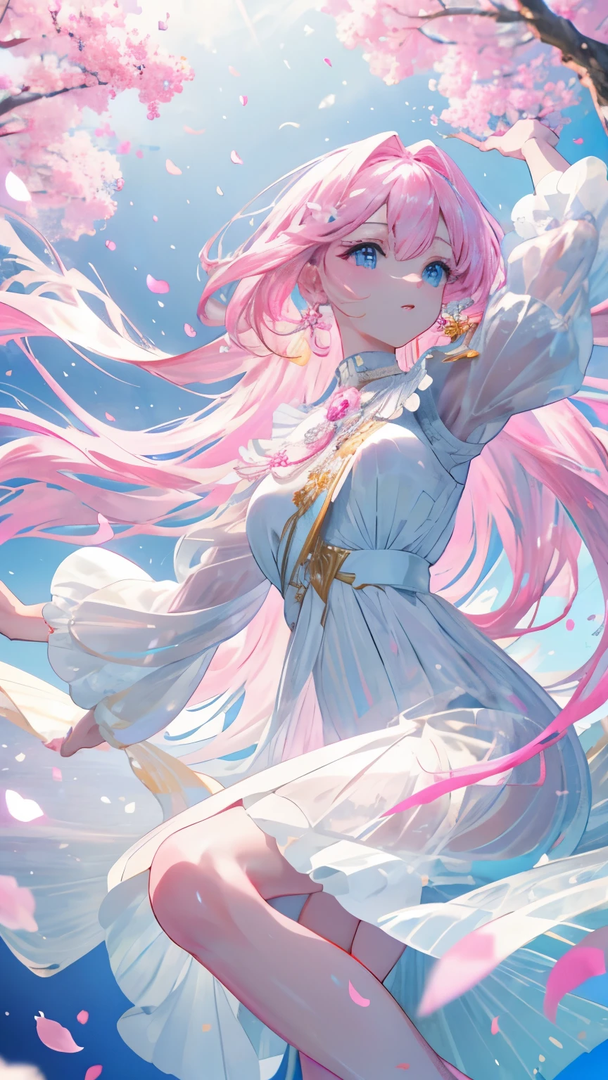 (CG unity 8K wallpaper extremely detailed) (better quality) (better lighting) (an extremely delicate and beautiful) (floating) (beautiful) (spring atmosphere) (1 girl) (pink long hair), (hair band), (detailed and beautiful blue eyes), ((very short white dress, pink race underside), (race), ((light transparent silk))), (cherry blossom petals), (butterfly), (degrees of freedom), (volume light) cinematic lighting, chromatic aberration, Sony FE manager, rough skin, advanced details, High resolution, 8K