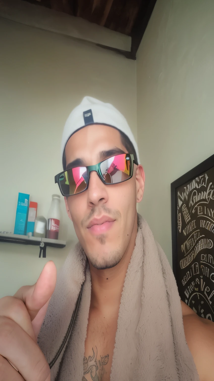 there is a man with shaved hair wearing a towel around his neck and giving a thumbs up sign and wearing Oakley glasses, com leve barba por fazer, with glasses and goatee