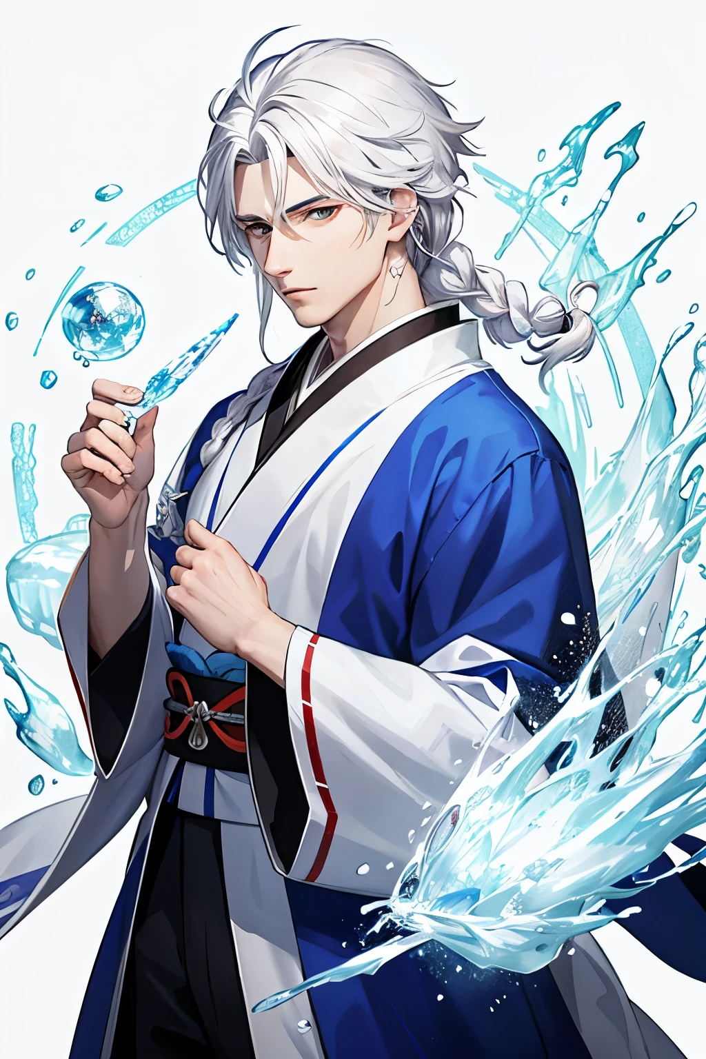 Male with white hair, handsome, ice powers on his hand, braid, single braid, ice element, ice, one braid, kimono, singular braid, anime, anime like