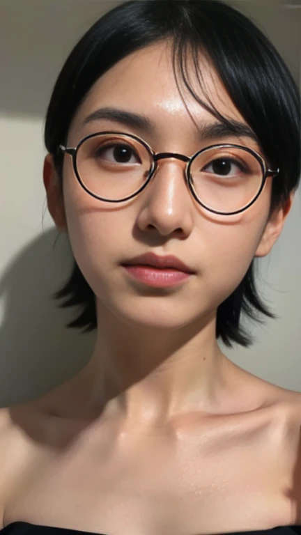 (highres,masterpiece:1.2),ultra-detailed,realistic,professional,beautiful detailed eyes,beautiful detailed lips,dark hair,short black hair,red glasses,stunning black eyes,clear skin,18-year-old girl,fashionable short hairstyle,vibrant red glasses,Shinobi Academy,fierce determination,confident posture,crimson outfit,intense gaze,background filled with ninjutsu techniques,shadows cleverly accentuating her features,subtle studio lighting,sublime realism,striking color tones,small breast, bare breast,