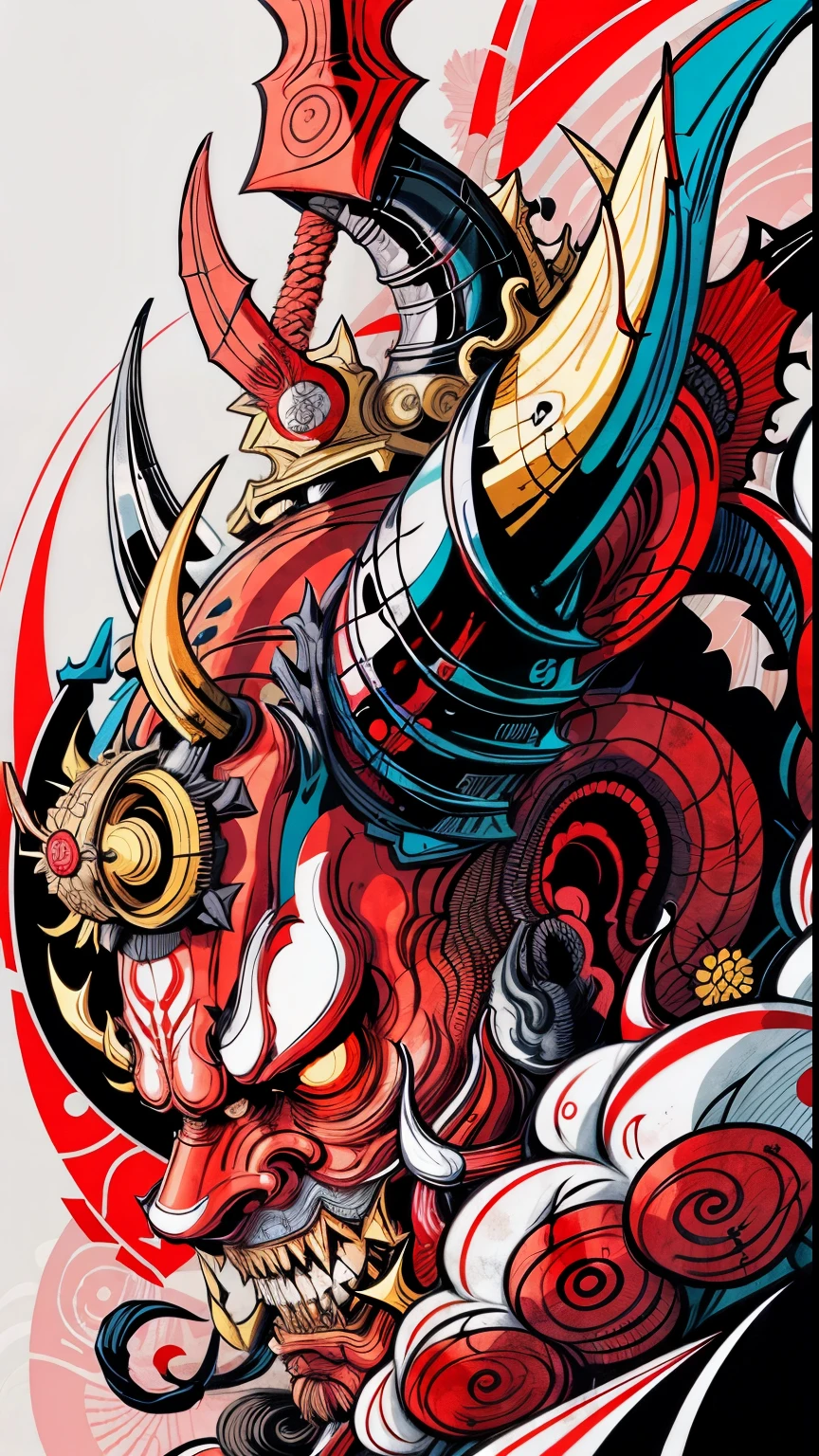 Hannya mask style of 0mib, illustrator, masterpiece, high quality, 8k, high resolution, high detailed, Japanese, samurai