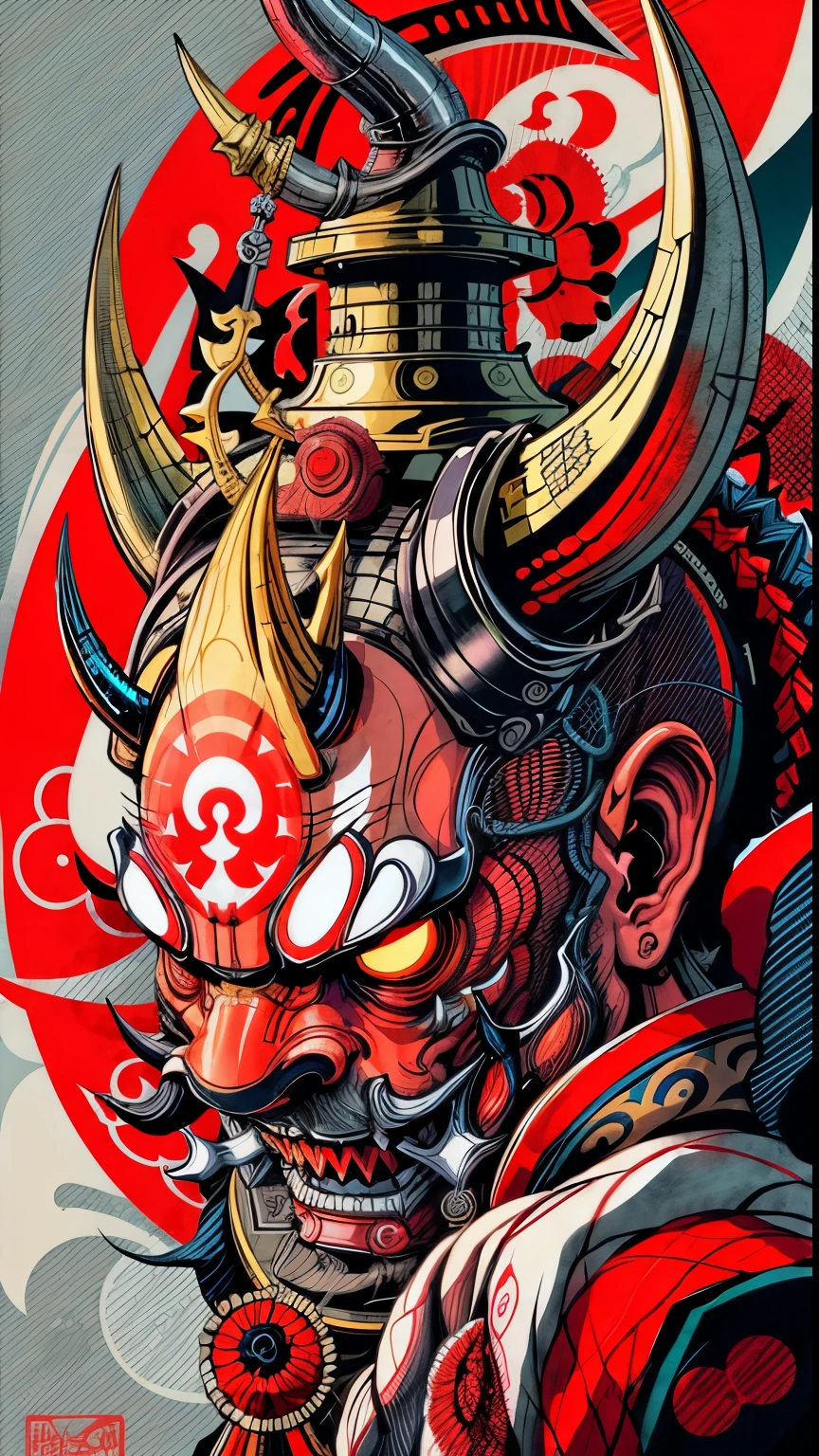 Hannya mask style of 0mib, illustrator, masterpiece, high quality, 8k, high resolution, high detailed, Japanese, samurai