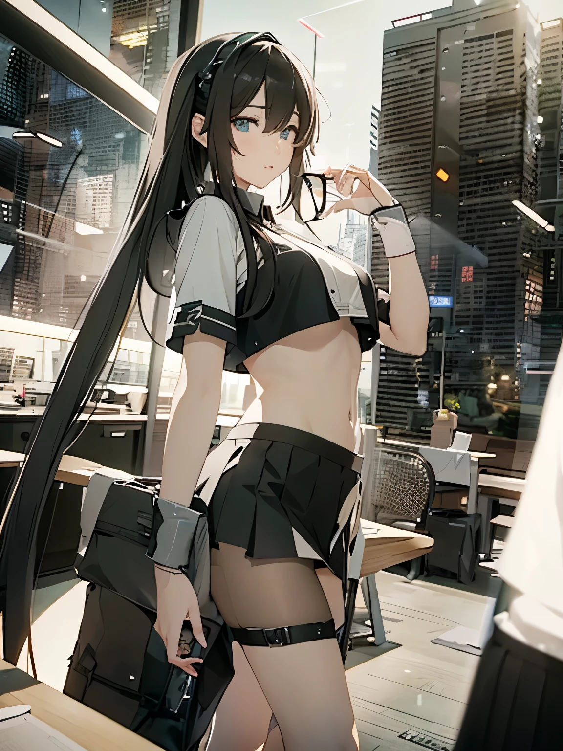 3 women、drunk、cross-eyed、embarrassed、black shirt、pleated skirt、Hatsune Miku、8K high quality、Super realistic details、table top、3D rendering、detailed body、detailed hands、highest quality、best style、bright light、blur the background、student
