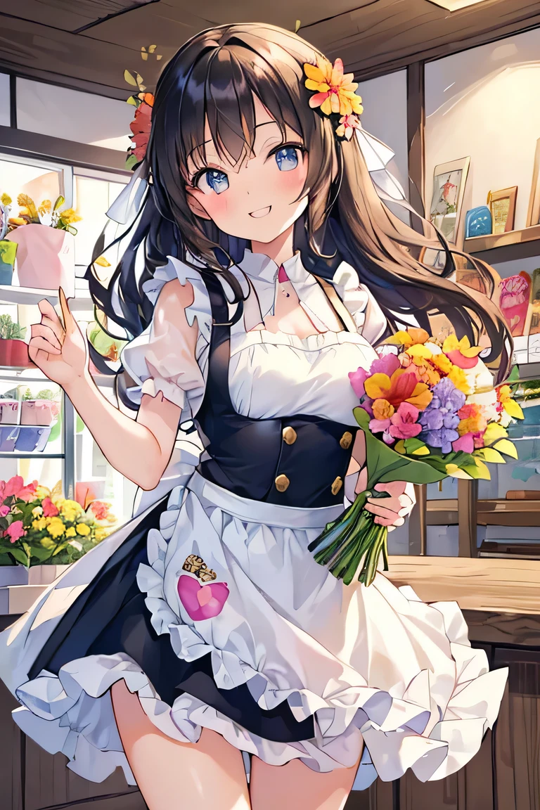 ((masterpiece)), ((best quality)), (ultra-detailed), ((kawaii)), cute, (lovely), illustration, anime style, upper body, upper body focus, a cute girl, 1girl, solo, downtown, A store front of a flower shop, A florist's clerk, Pastel-colored apron, (beautiful eyes), beautiful black hair, long hair, slim, slender, medium breast, glasses, smiling, fang, endearing, blush, elegant, youthful, graceful, ((The tips of her canine teeth are peeking out from her smiling mouth)), Double Tooth, ((Holding a bouquet of dried flowers)).