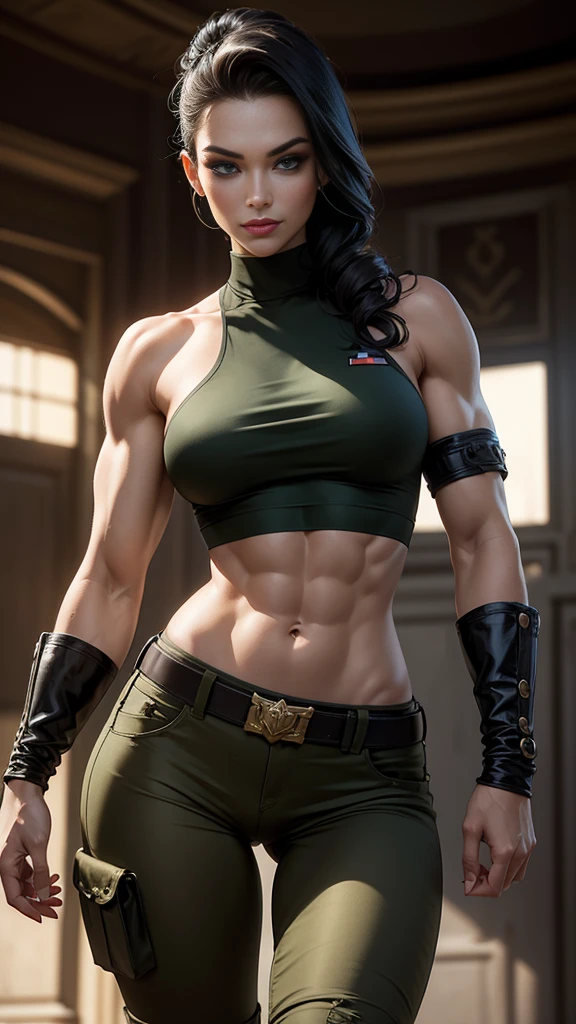 A gorgeous and stunning female soldier fighting on the battlefield, smirking sadistically, smiling sadistically, high rank, dominant, challenging demeanor, smug, teasing, tall, statuesque, imposing, towering, biceps, triceps, eight pack abs, extremely defined abs, tank top, wide shoulders, narrow hips, narrow waist, huge breasts, slim, slender, toned, long eyelashes, make up, perfect eyes, eyeliner, perfect lips, long fingers, delicate fingers, long nails, supermodel, tattoo on shoulder, (military uniform), tanned skin, official uniform, colonel, marshal, lieutenant,